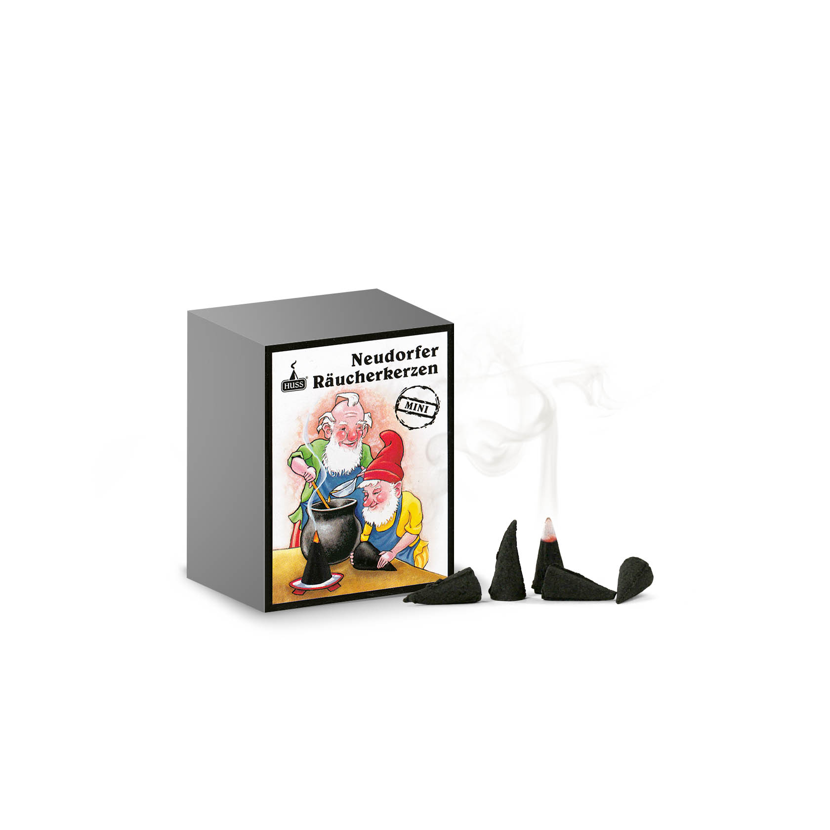 Illustration of two gnomes preparing incense cones with one stirring a pot and the other observing a lit cone on a table. Text reads 'Neudorfer Räucherkerzen MINI'. im Dregeno Online Shop günstig kaufen
