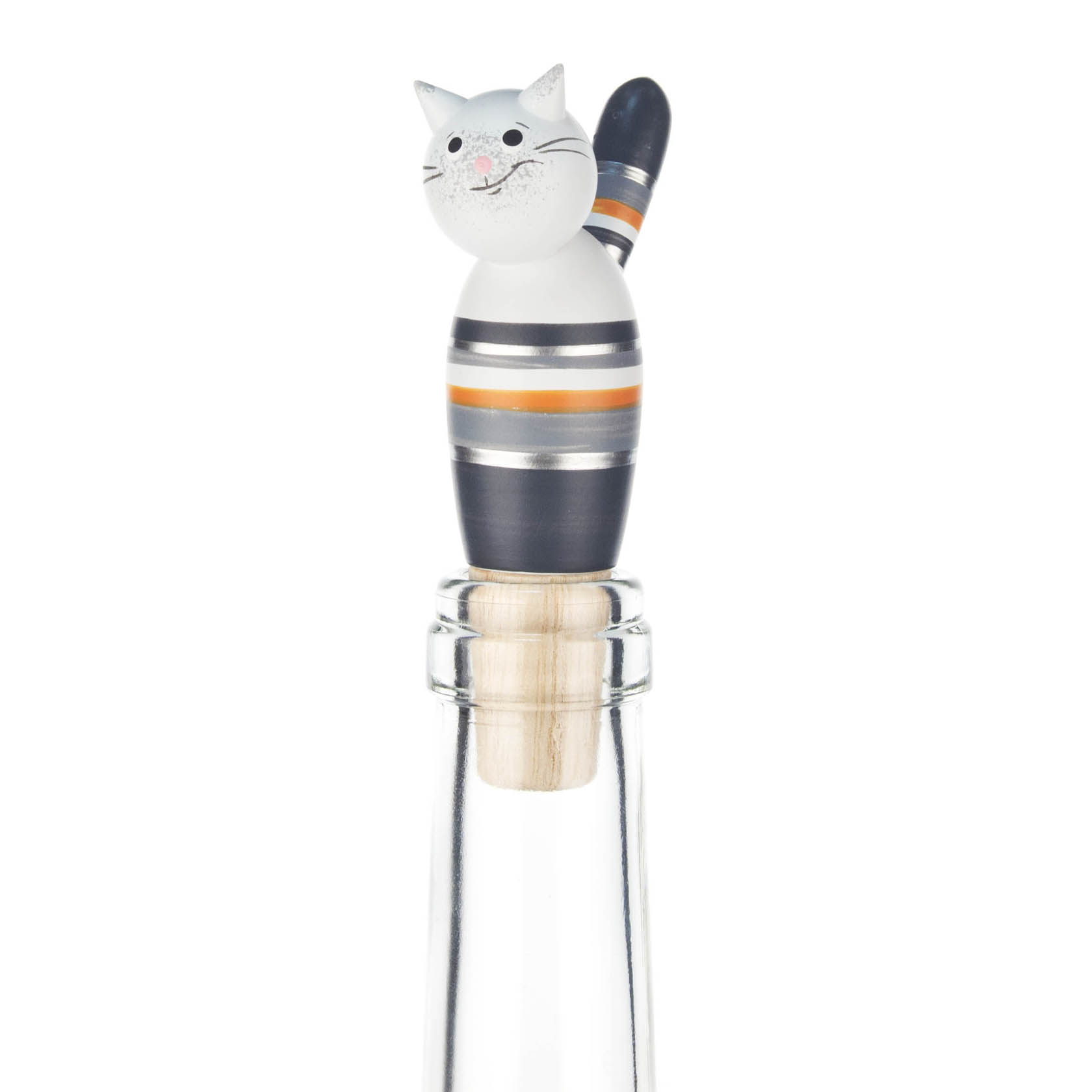 Ein Flaschenverschluss in Form eines Katers, grau-orange-silber gestreift, sitzt auf einer Glasflasche. im Dregeno Online Shop günstig kaufen