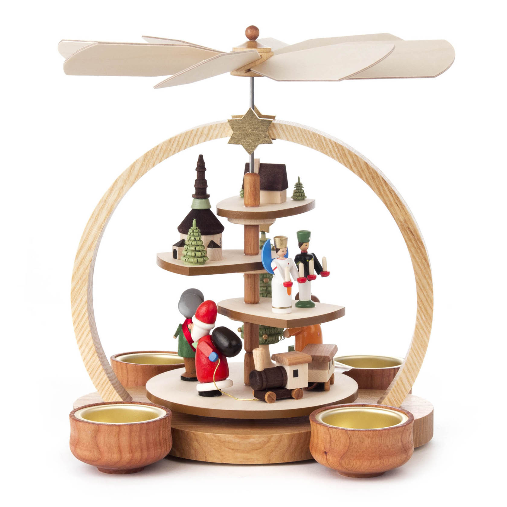 Bunte, runde Seiffener Weihnachtspyramide aus Holz mit Figuren und Teelichthaltern. Oben ein Propeller und eine goldene Sternattrappe. im Dregeno Online Shop günstig kaufen