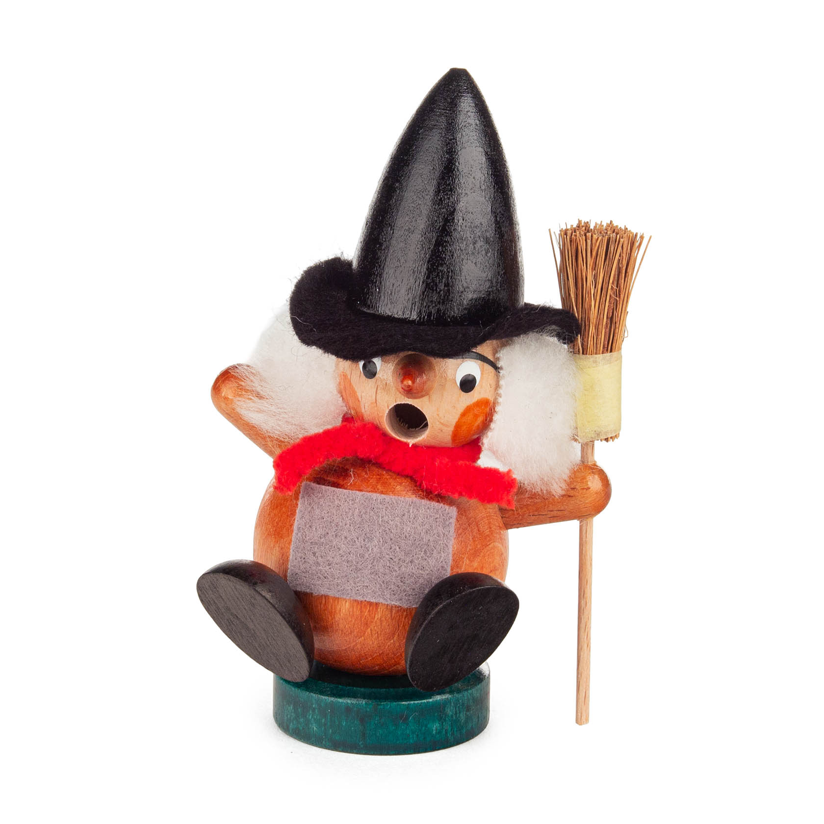 Kleine Figur einer Räucherfrau in Form einer Hexe, mit schwarzem spitzen Hut, weißem Haar, rotem Schal und kleinem Besen in der rechten Hand. im Dregeno Online Shop günstig kaufen