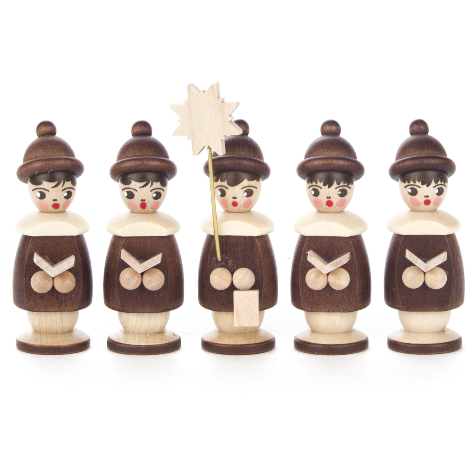 Fünf hölzerne Kurrendefiguren mit brauner Kleidung und weißem Kragen, eine Figur hält einen Sternstab. im Dregeno Online Shop günstig kaufen