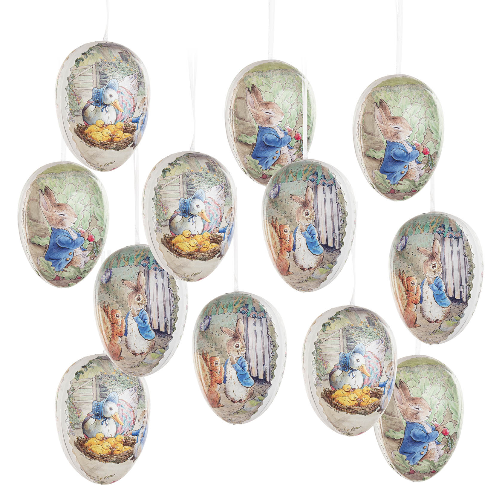 Ostereier "Beatrix Potter" zum Hängen und Befüllen 3 Motive sortiert H:8cm 12 Stück