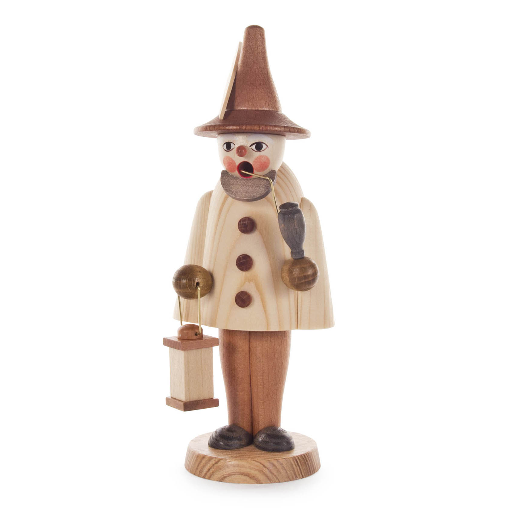 Ein kleiner, natürlicher Räuchermann Wichtel mit Holzmaserung. Er trägt einen spitzen Hut, hält eine Pfeife und eine Laterne in den Händen. im Dregeno Online Shop günstig kaufen