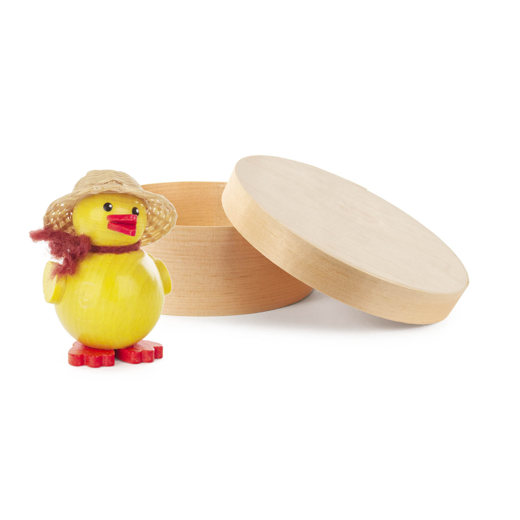 Ein gelbes Küken aus Holz mit Strohhut und rotem Schal steht neben einer offenen, runden Spandose. im Dregeno Online Shop günstig kaufen