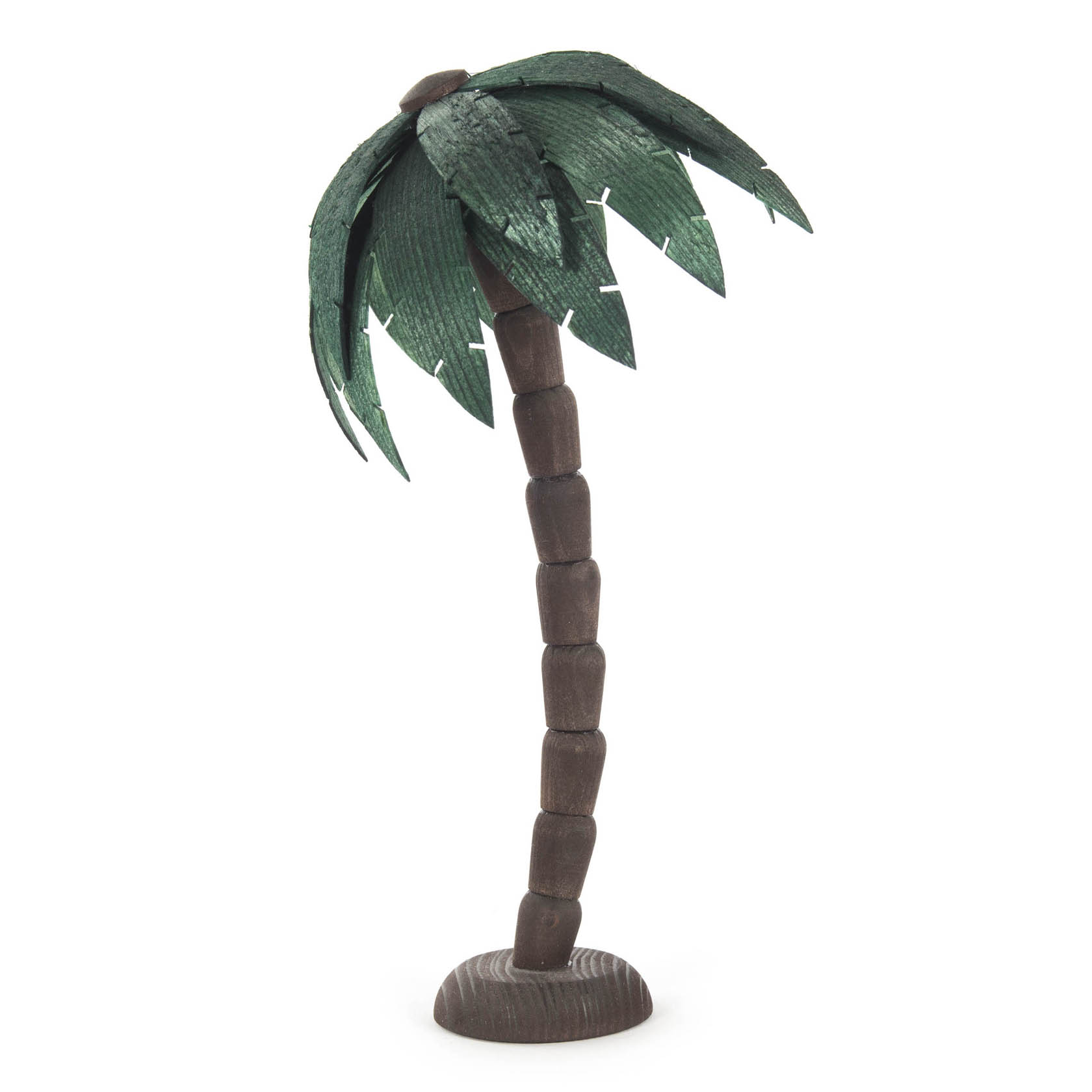 Kleine, gebeizte Palmenfigur mit braunem, abgerundeten Stamm und grünen Blättern. Höhe ca. 25 cm. im Dregeno Online Shop günstig kaufen