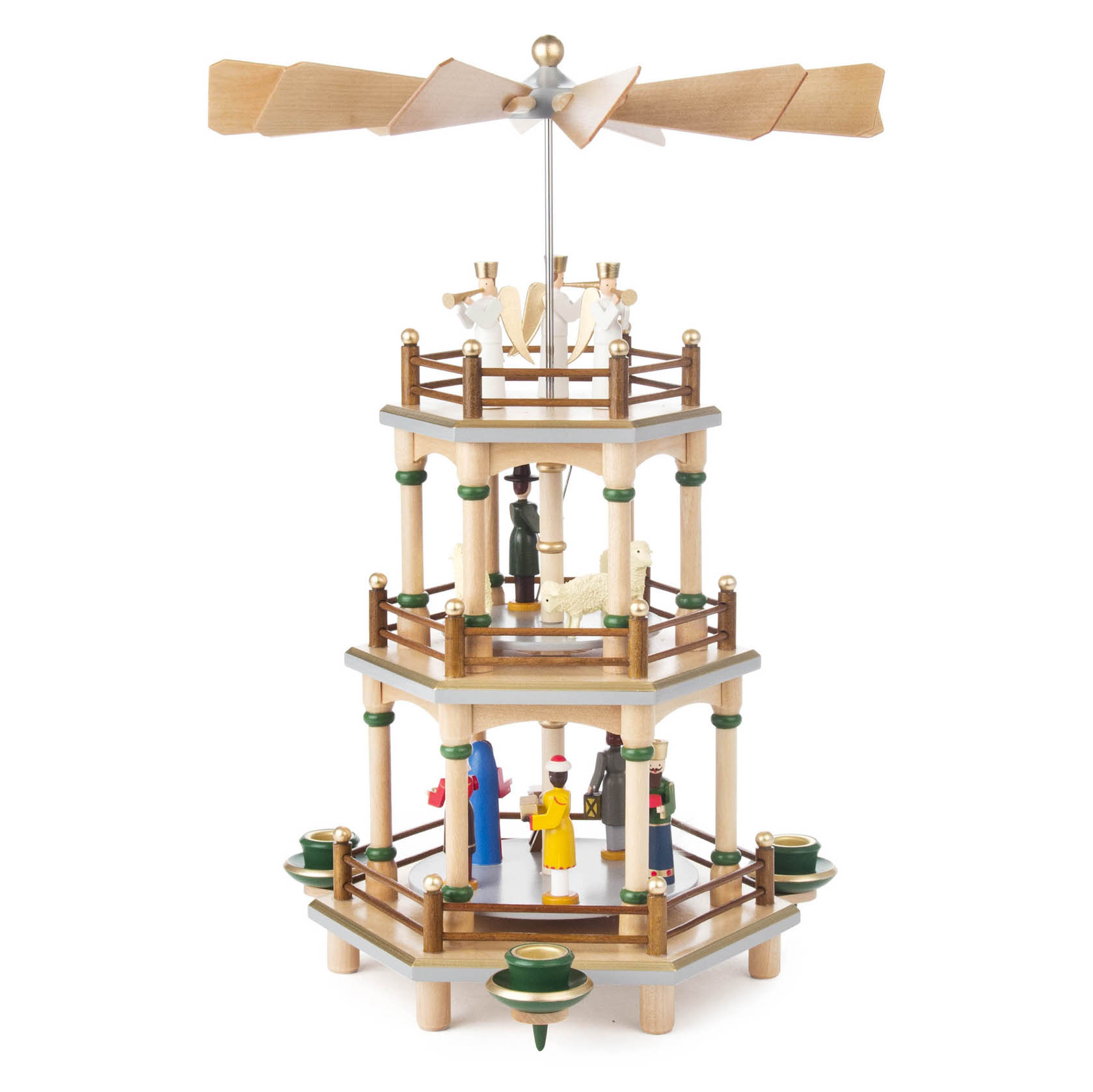 Zweistöckige Weihnachtspyramide aus Holz mit Krippenszene der Geburt Christi, Figuren auf beiden Ebenen, angetrieben durch Kerzen mit einem Propeller.