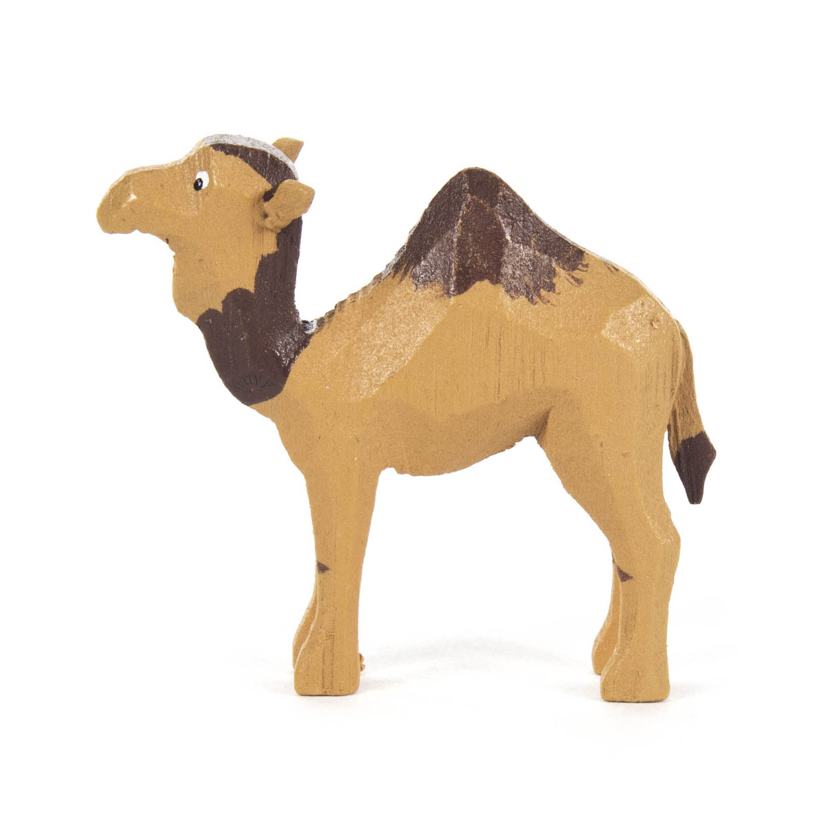 Holzfigur eines Kamels mit zwei Höckern, bemalt in Braun- und Ockertönen. im Dregeno Online Shop günstig kaufen