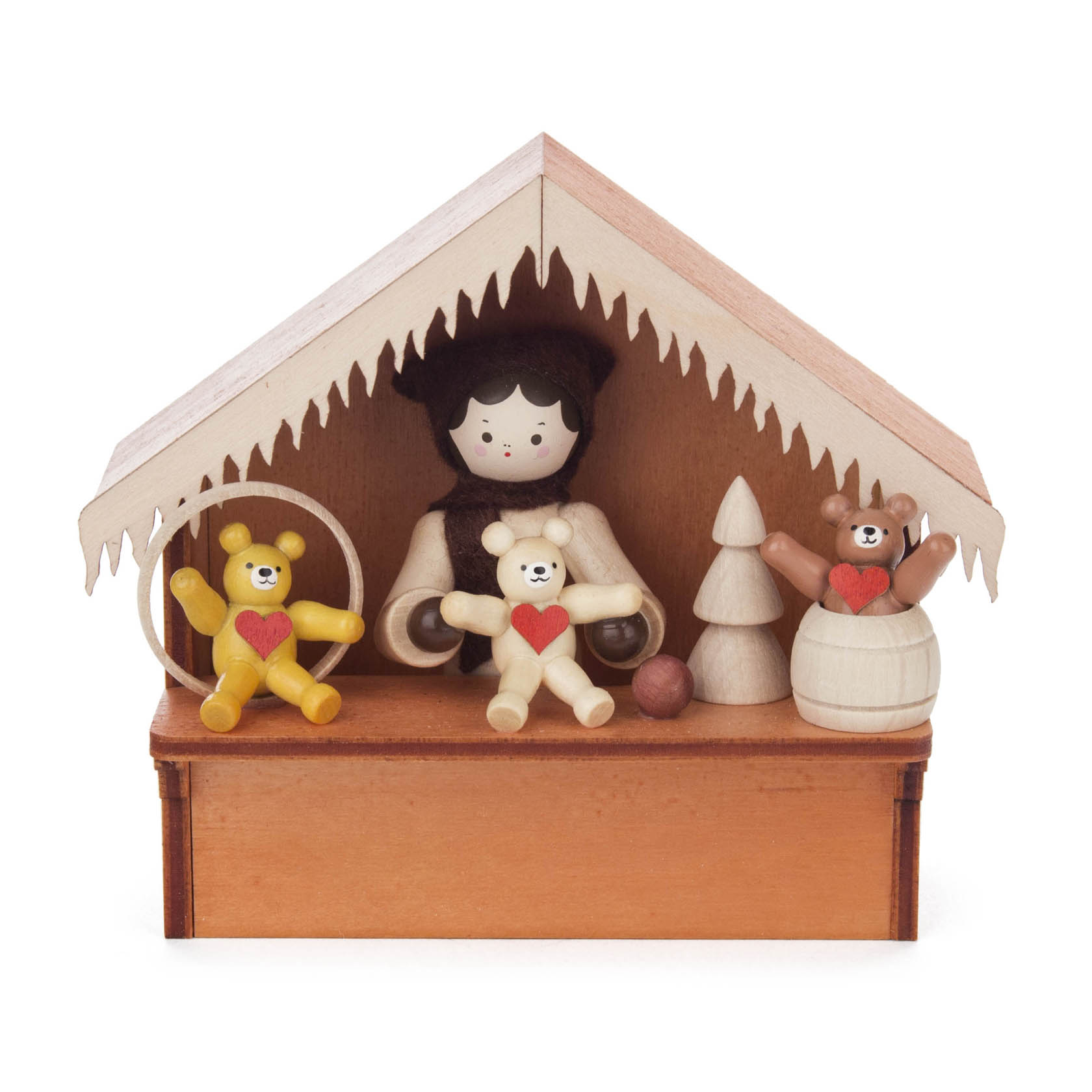 Holzfigur einer Weihnachtsmarktbude mit einer Frau im Pelzmantel, zwei Teddys mit Herzen und weihnachtlicher Dekoration. im Dregeno Online Shop günstig kaufen