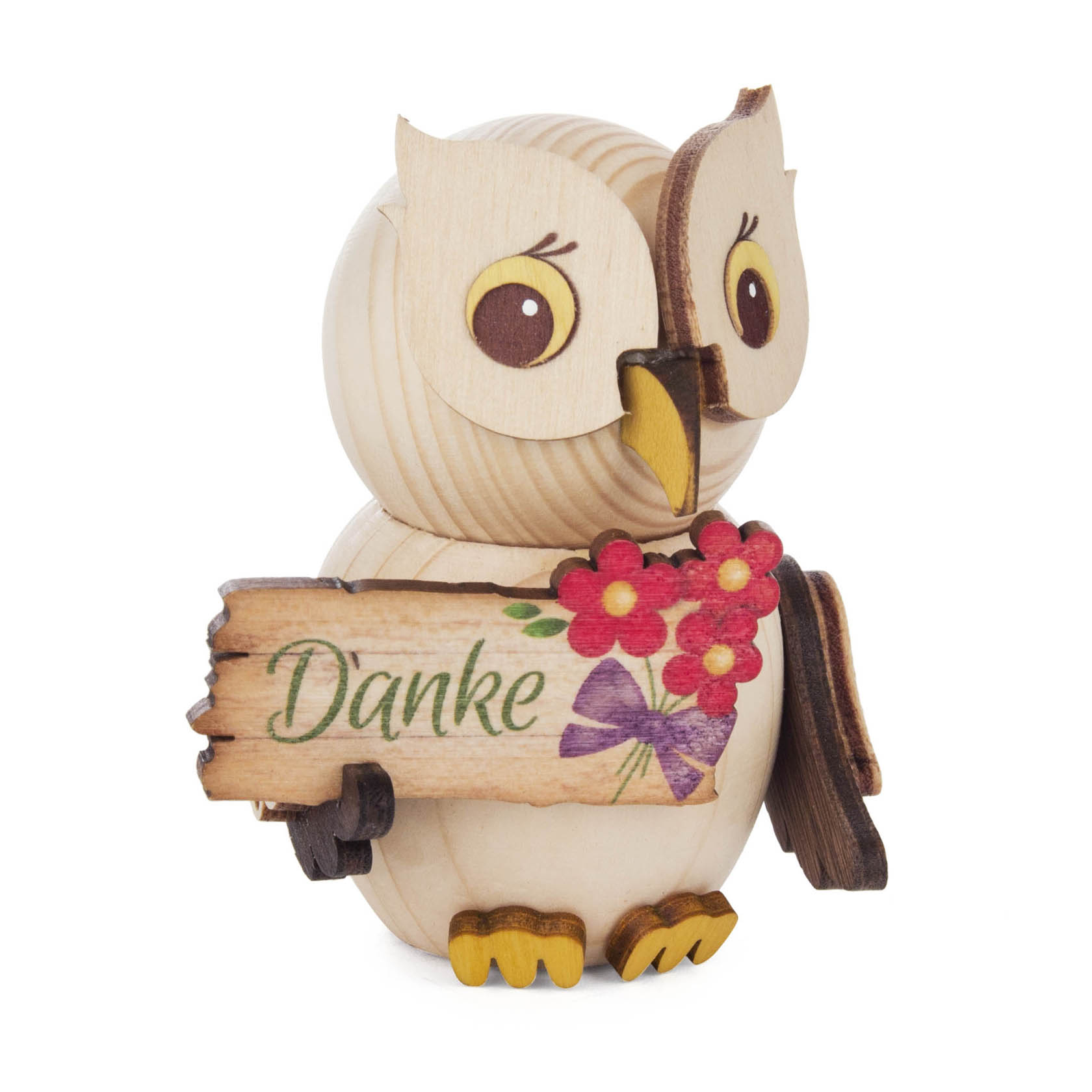 Kleine Holz-Eule hält ein schildförmiges Holzplättchen mit der Aufschrift 'Danke' und einer roten Blumen-Dekoration in ihren Flügeln. im Dregeno Online Shop günstig kaufen