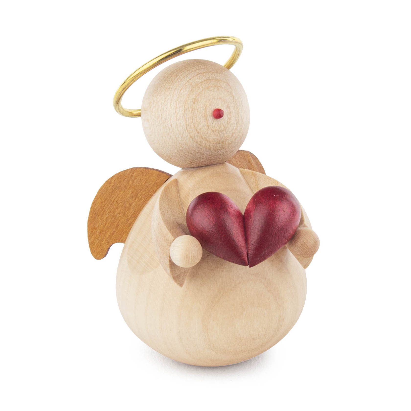 Holzfigur eines Engels mit kleinem Heiligenschein, die ein rotes Herz in den Händen hält. im Dregeno Online Shop günstig kaufen