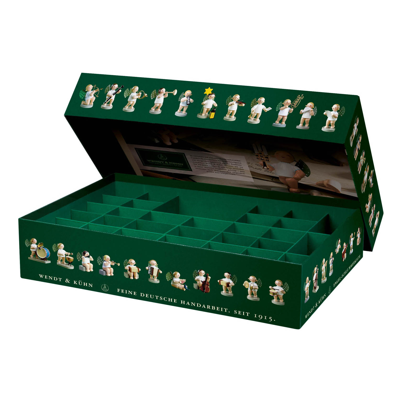 Grüne Aufbewahrungsbox mit Fächern für 36 Engel-Figuren von Wendt & Kühn, geöffneter Deckel zeigt Engelsabbildungen. im Dregeno Online Shop günstig kaufen