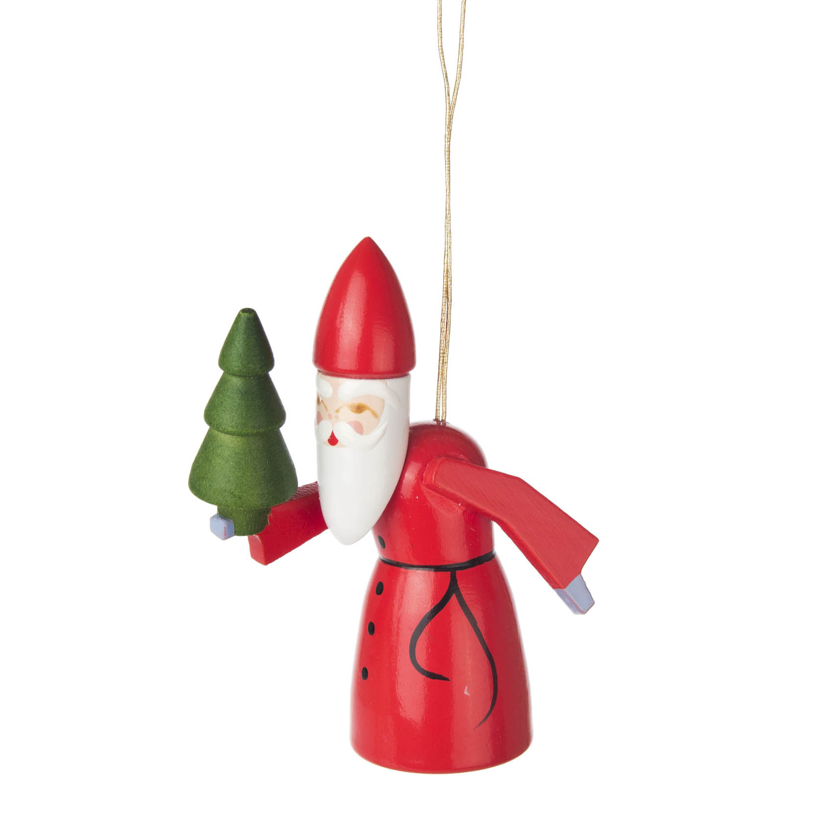 Holzfigur des Knecht Ruprecht in rotem Gewand mit weißem Bart, spitzer roter Mütze und grüner Tanne in der Hand, als Weihnachtsbaumschmuck vorgesehen. im Dregeno Online Shop günstig kaufen