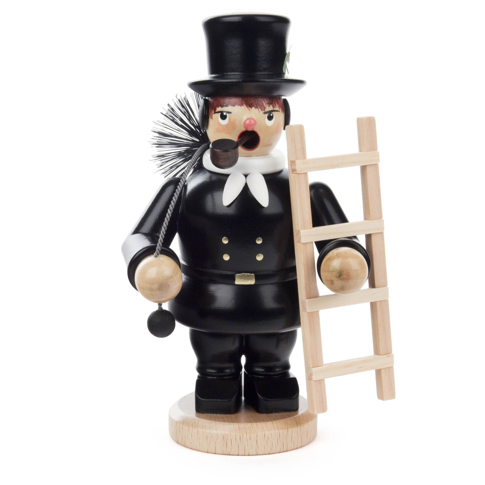 Holzfigur eines Mini-Räuchermanns im Schornsteinfeger-Outfit, mit schwarzem Zylinder, Besen und Leiter.