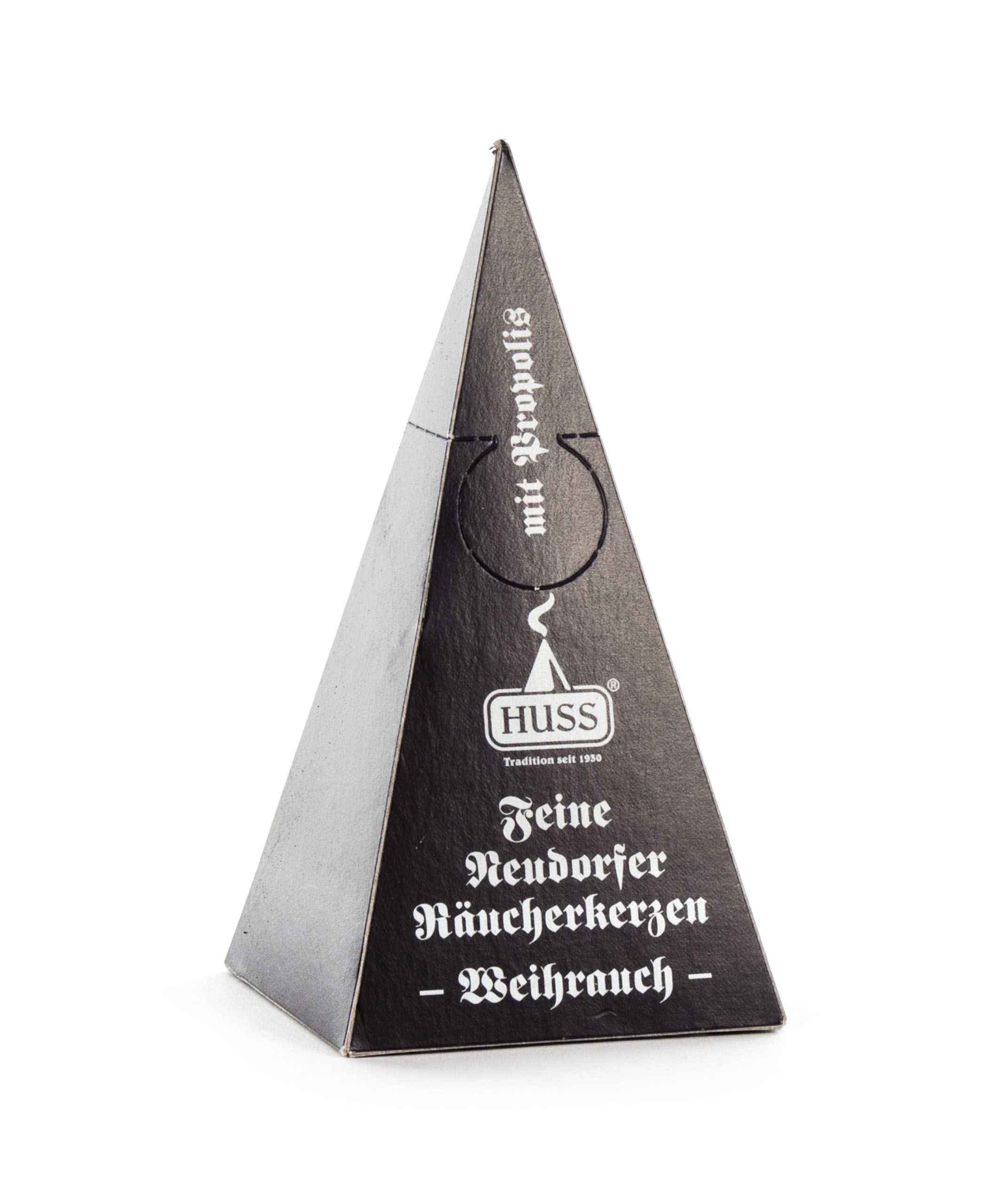 Schwarze Pyramidenverpackung der feinen Neudorfer Räucherkerzen mit weißer Beschriftung und HUSS-Logo. im Dregeno Online Shop günstig kaufen