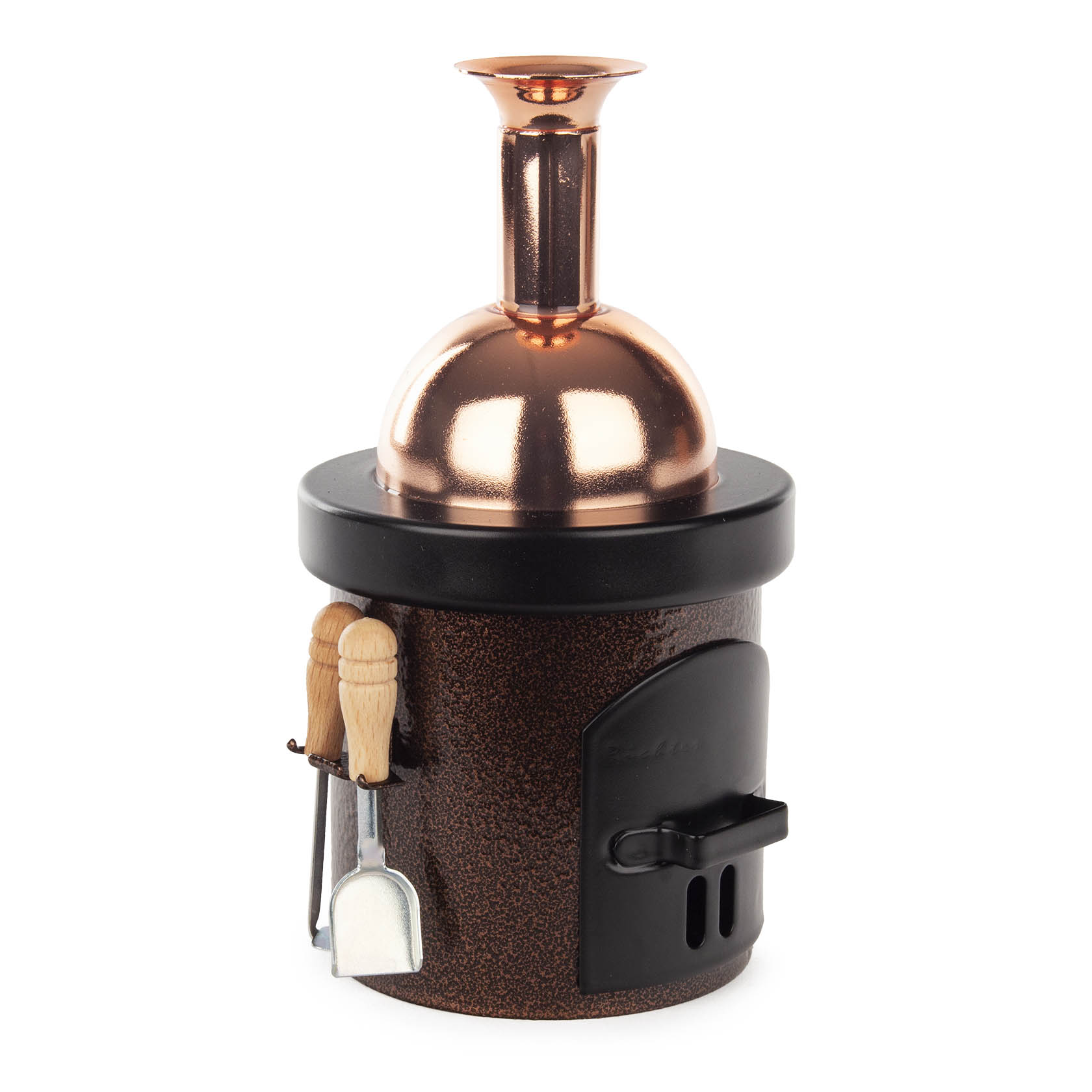 Ein kleiner kupferner Räucherofen in Form eines Braukessels. Er hat zwei Holzkellen an der Seite und einen schwarzen Sockel mit Tür. im Dregeno Online Shop günstig kaufen