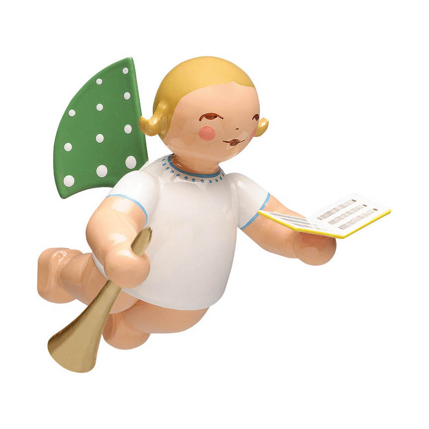 Engel im weißen Gewand mit grün gepunkteten Flügeln hält ein Liederbuch in einer Hand und eine Flöte in der anderen, während er schwebt. im Dregeno Online Shop günstig kaufen
