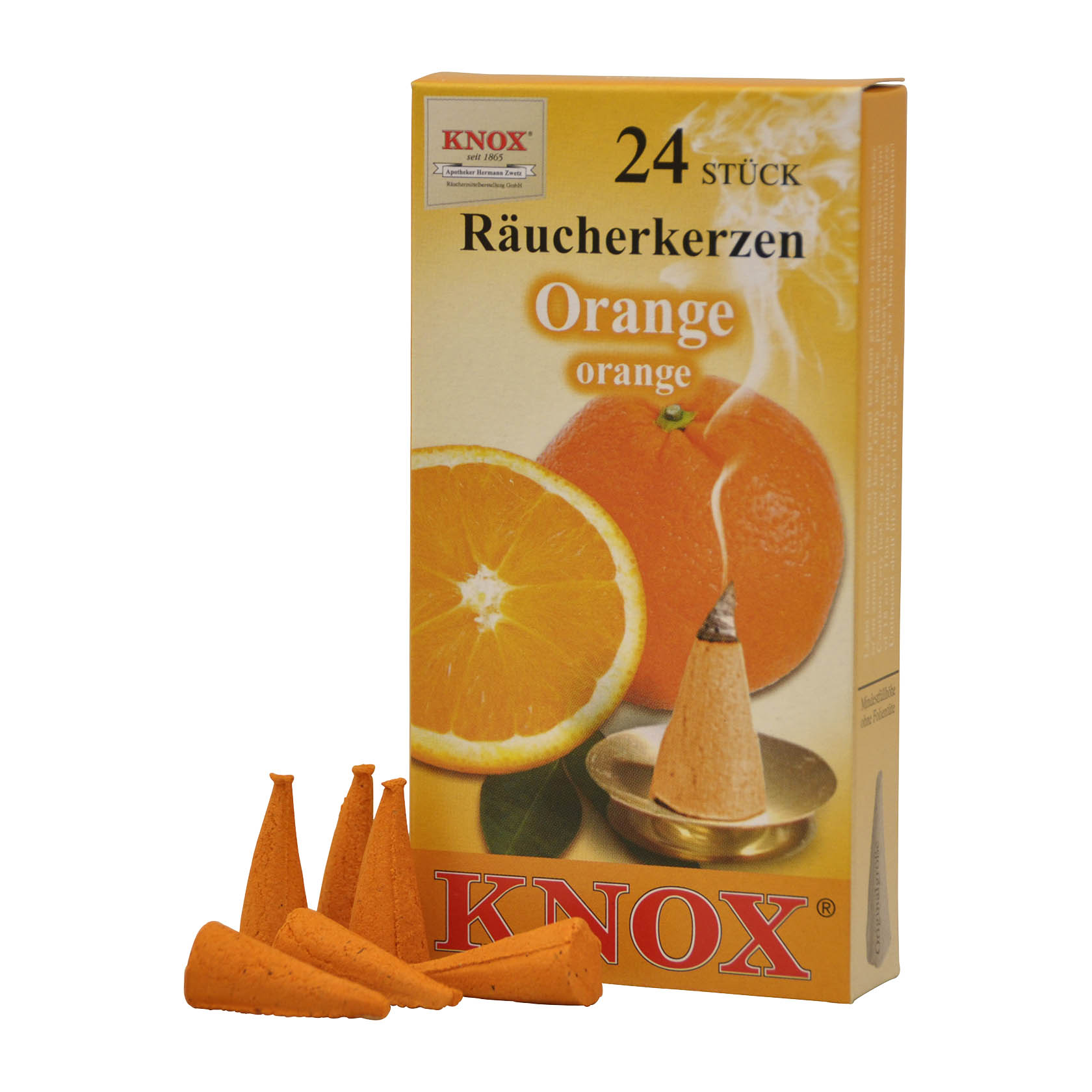 Verpackung von 24 KNOX Räucherkerzen der Duftrichtung Orange, abgebildet sind eine halbe Orange und drei angezündete Räucherkerzen davor. im Dregeno Online Shop günstig kaufen