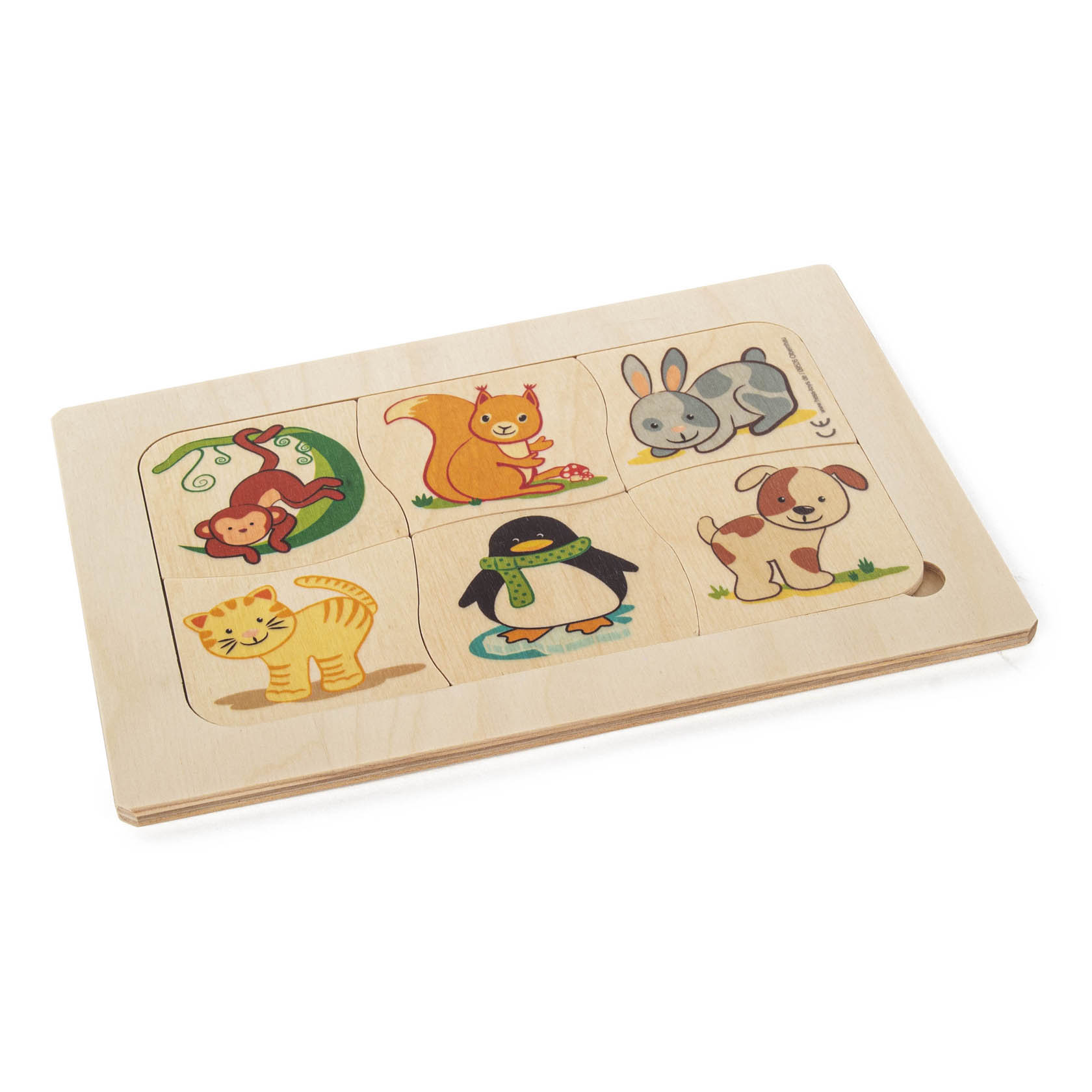 Holzpuzzle mit sechs Teilen, die verschiedene Tiere und deren Futterabbildungen zeigen: Affe, Eichhörnchen, Hase, Hund, Katze und Pinguin. im Dregeno Online Shop günstig kaufen