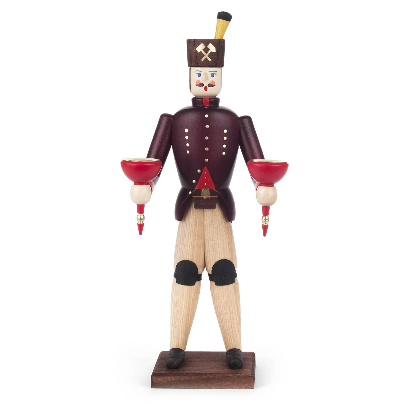 Holzfigur eines Bergmanns mit natürlicher und bunter Bemalung, der in jeder Hand einen Kerzenhalter für 14 mm dicke Kerzen hält. im Dregeno Online Shop günstig kaufen
