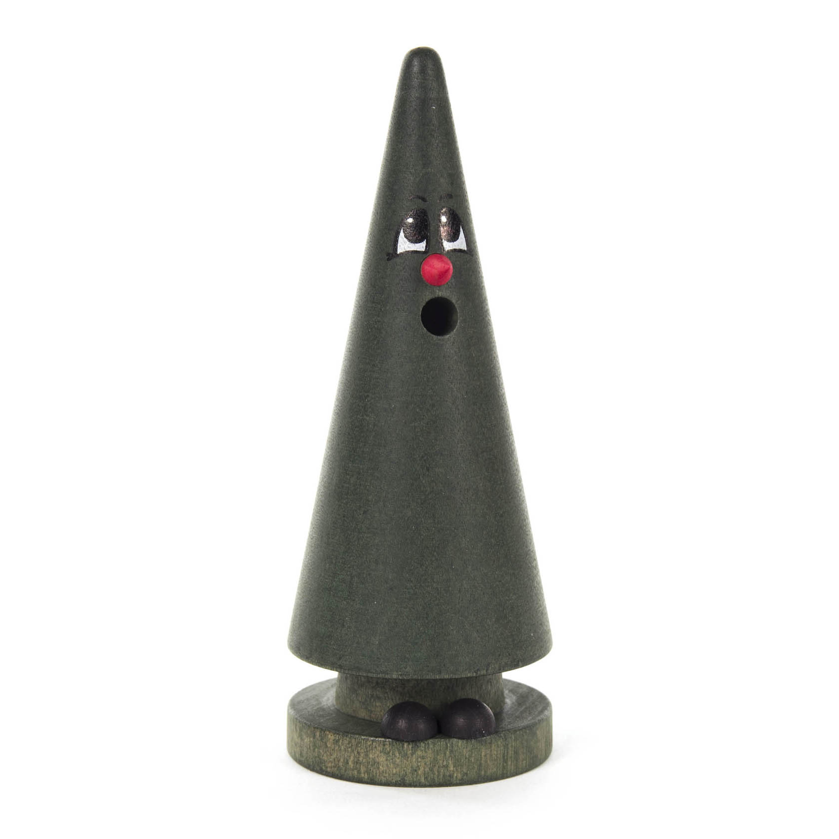 Ein grüner, konisch geformter Räucherbaum mit einem Gesicht, bestehend aus Augen und einer roten Nase, auf einer Basis stehend. im Dregeno Online Shop günstig kaufen