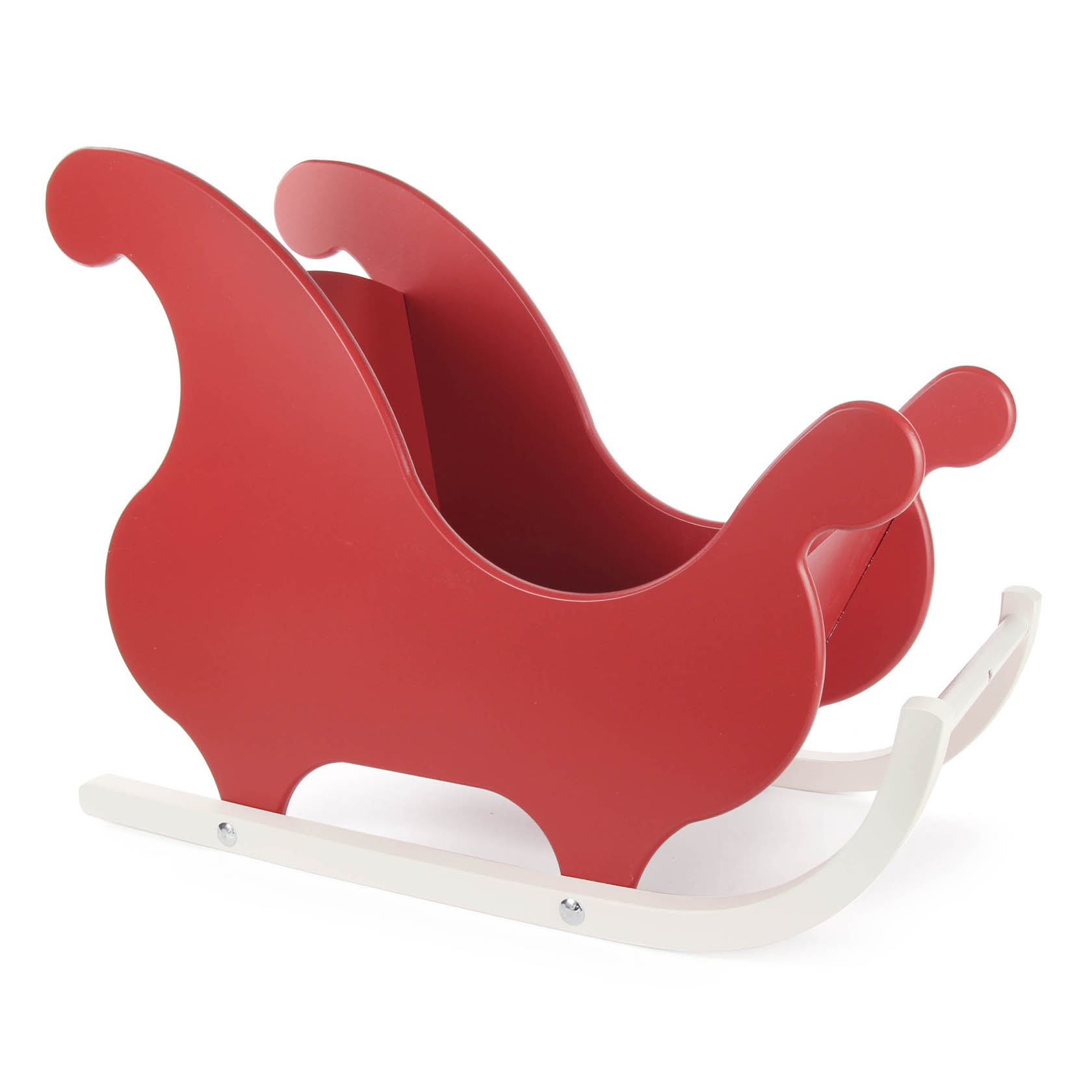 Ein roter Puppenschlitten aus Holz mit gebogenen Kufen und geschwungenen Seiten. im Dregeno Online Shop günstig kaufen
