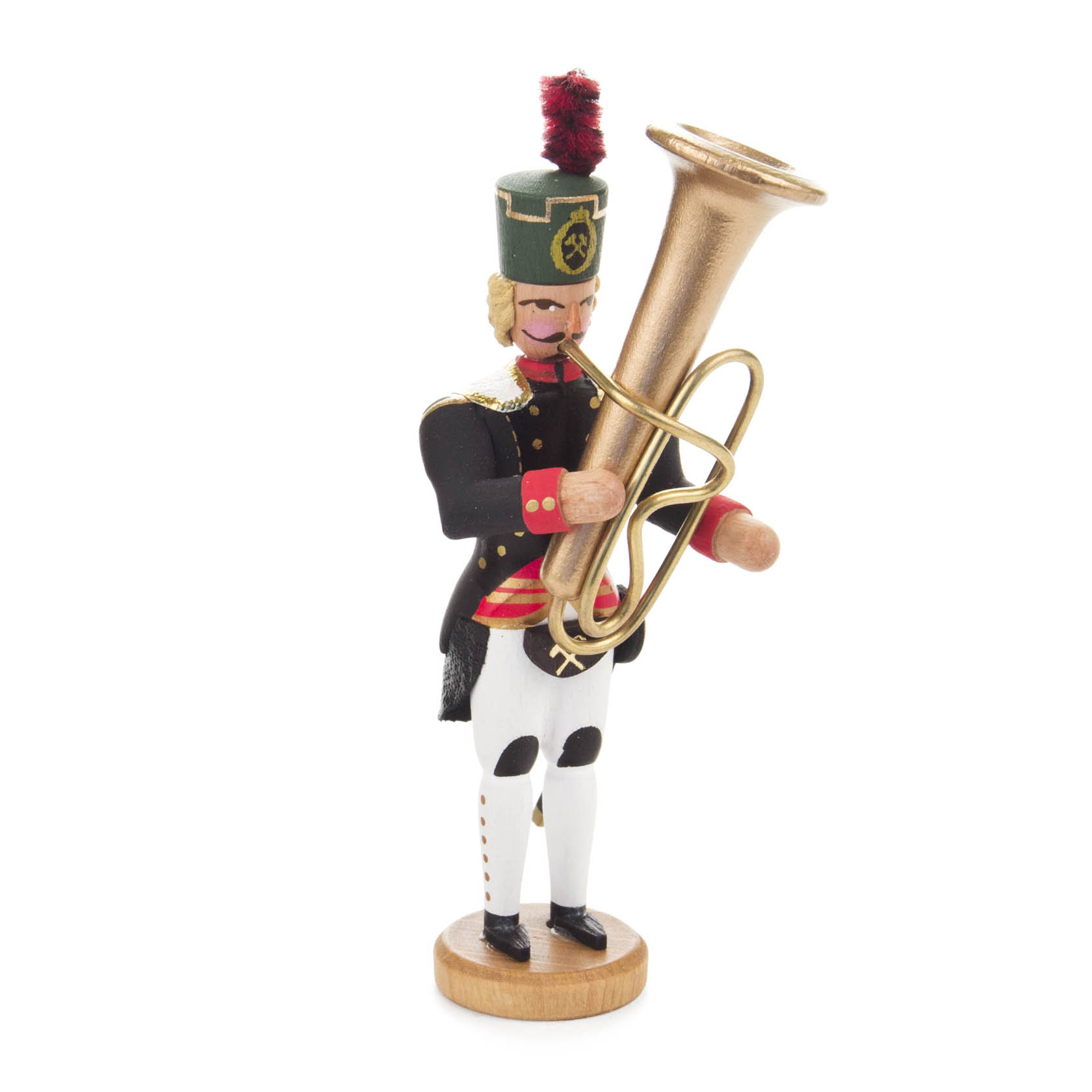 Holzfigur eines Bergmanns in Uniform mit schwarzem Hut, der eine goldene Tuba hält. im Dregeno Online Shop günstig kaufen