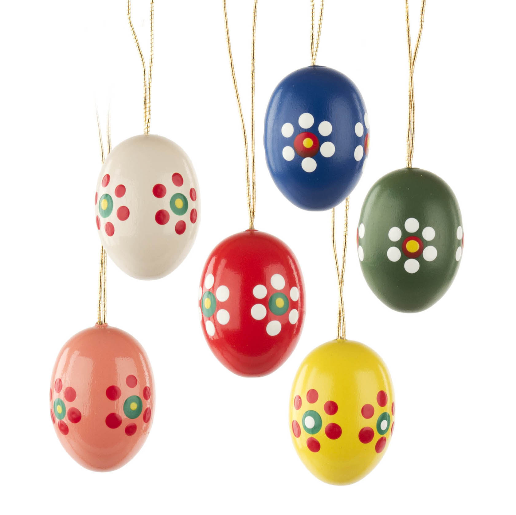 Sechs bunte Ostereier mit einem Punktmuster. Die Eier sind in den Farben Weiß, Blau, Grün, Rosa, Rot und Gelb gehalten, jeweils mit verschiedenen Farbkreisen verziert. im Dregeno Online Shop günstig kaufen