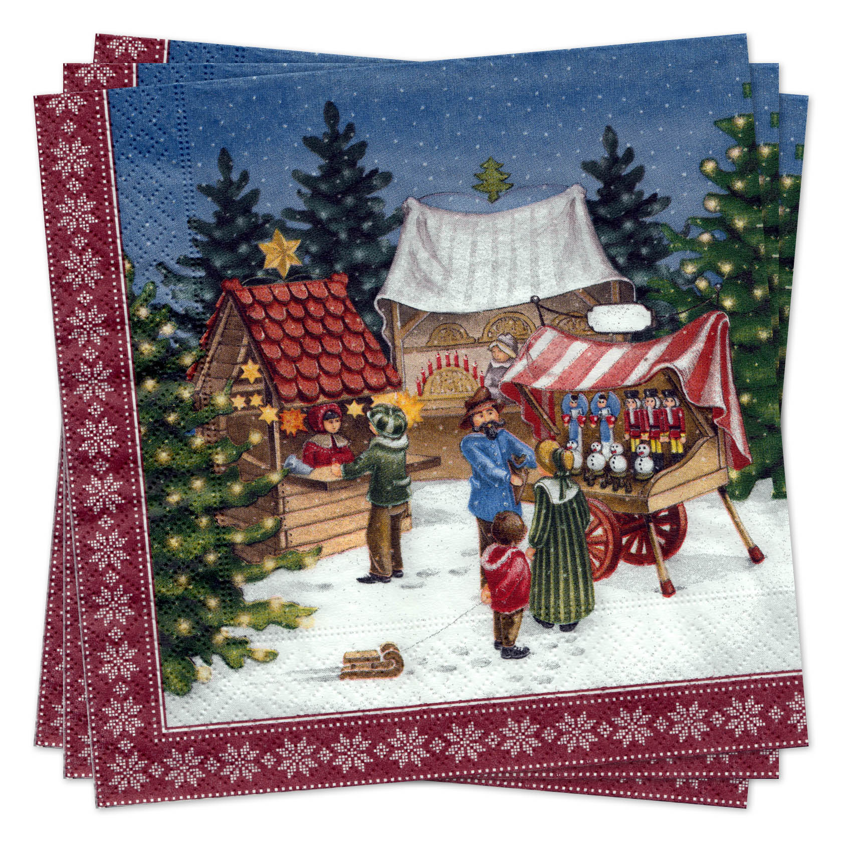 Auf der Serviette befindet sich eine winterliche Marktszene. Erwachsene und Kinder kaufen an einem Stand mit Spielzeugen ein, während im Hintergrund Weihnachtsstände stehen. im Dregeno Online Shop günstig kaufen
