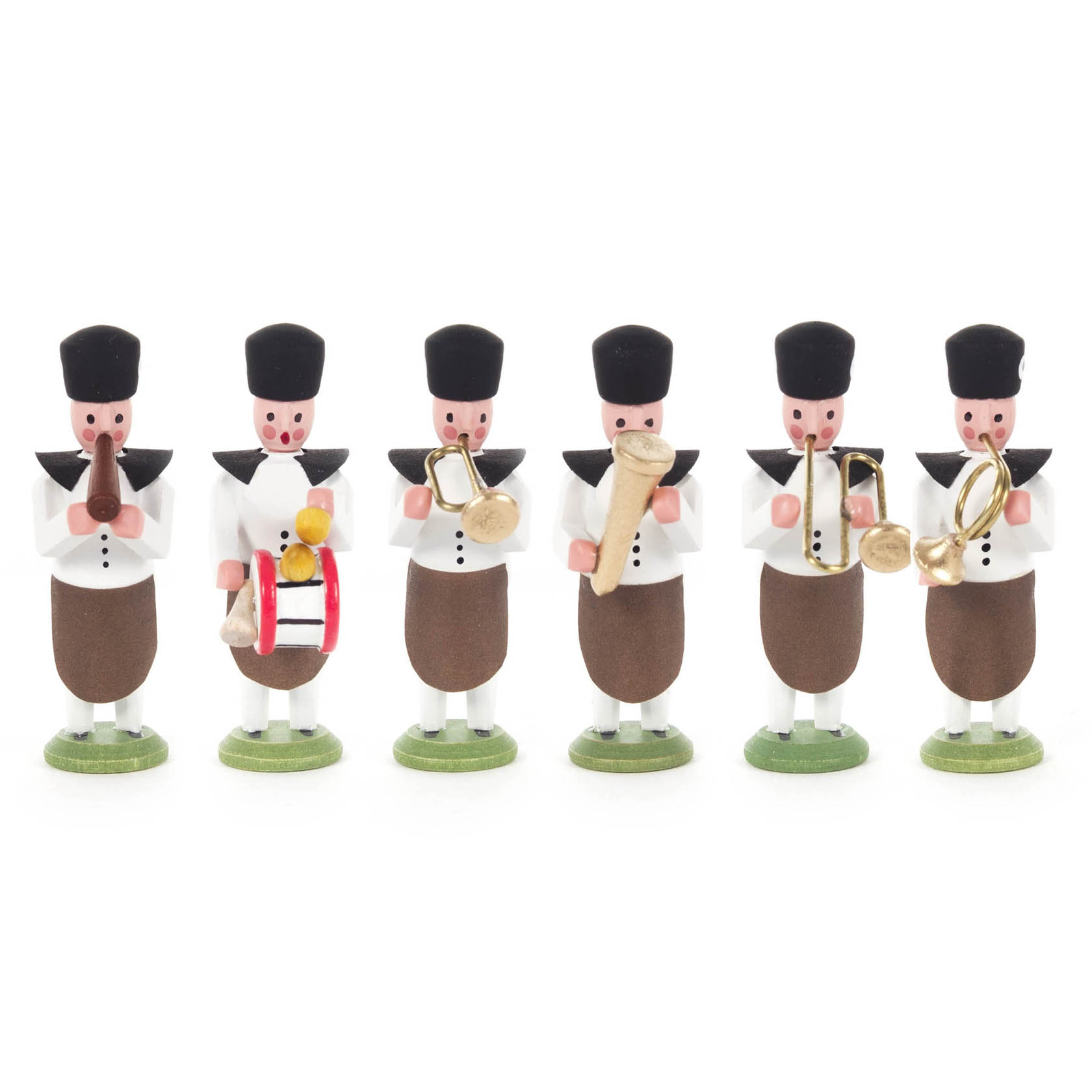 Sechs Miniaturfiguren eines Bergarbeiterorchesters in traditioneller Tracht mit verschiedenen Instrumenten: Trommel, Horn, Flöte, Trompete. im Dregeno Online Shop günstig kaufen