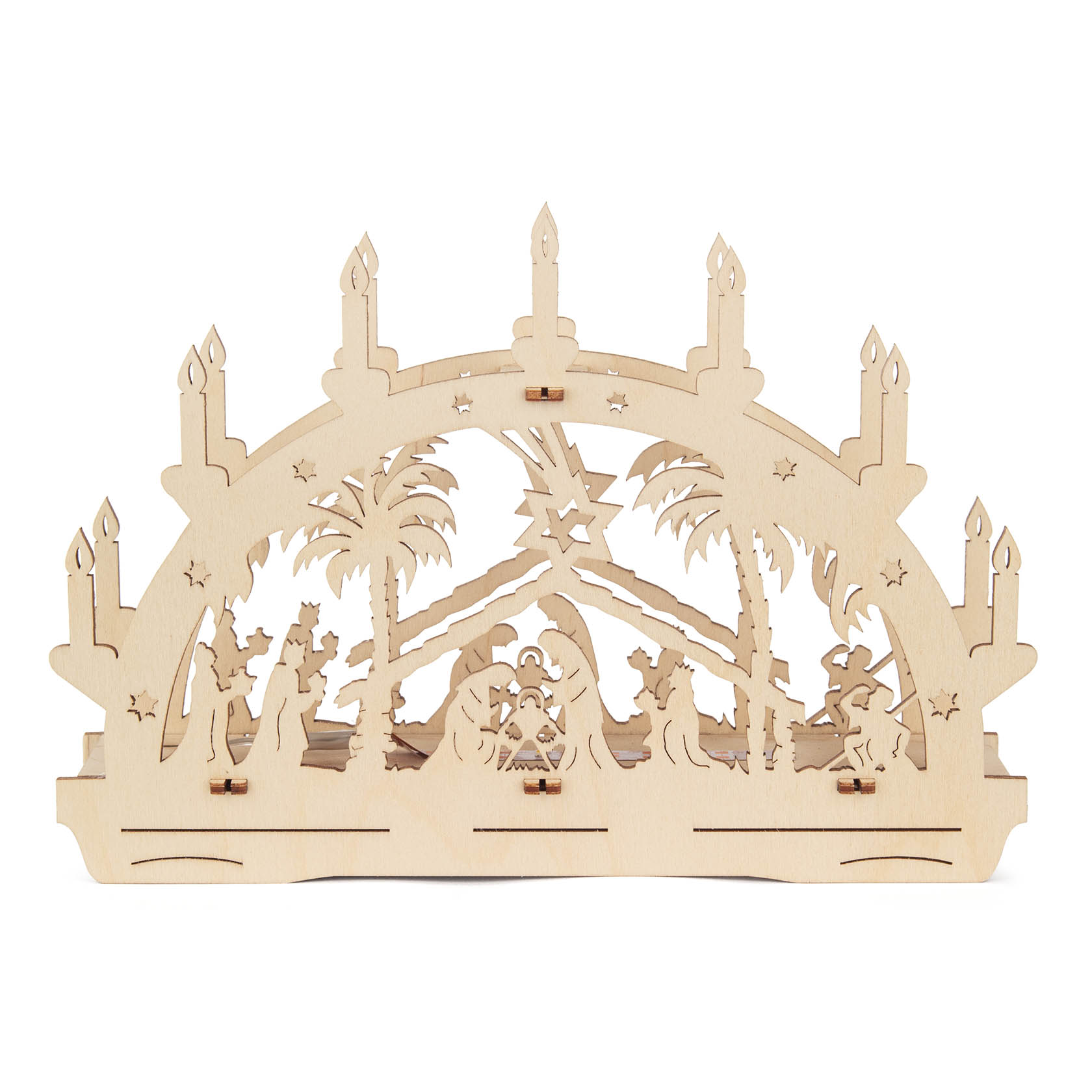 Holz-Schwibbogen mit Krippenmotiv, zeigt Maria, Josef und das Jesuskind unter einem Stern, umgeben von Palmen und den Heiligen Drei Königen. im Dregeno Online Shop günstig kaufen