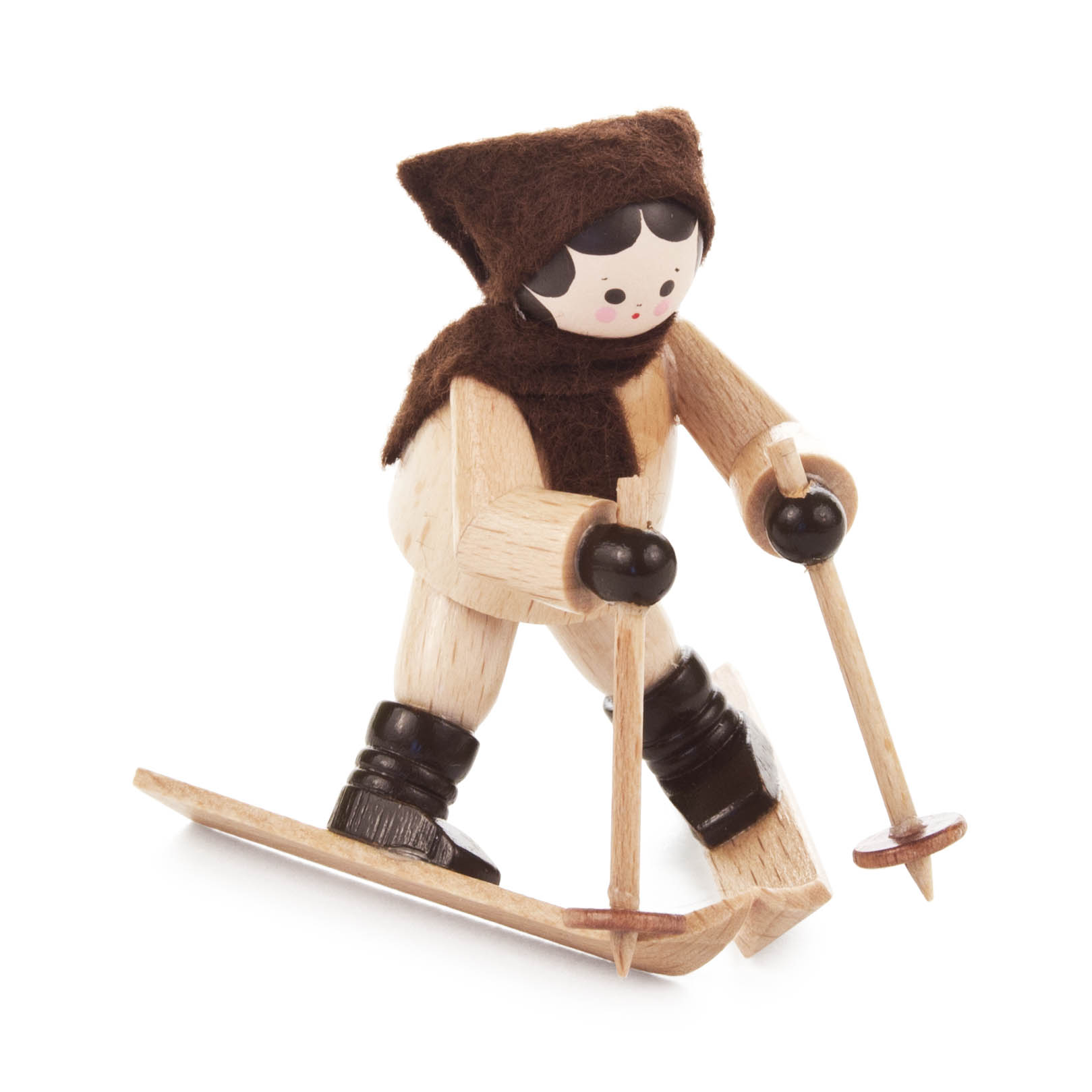 Holzfigur einer Skifahrerin mit braunem Schal und Mütze, in gebückter Haltung auf Skiern. im Dregeno Online Shop günstig kaufen