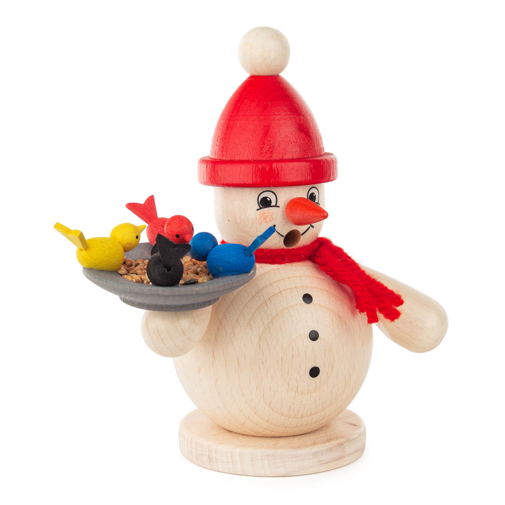 Räuchermann Schneemann mit Vögeln rote Pudelmütze