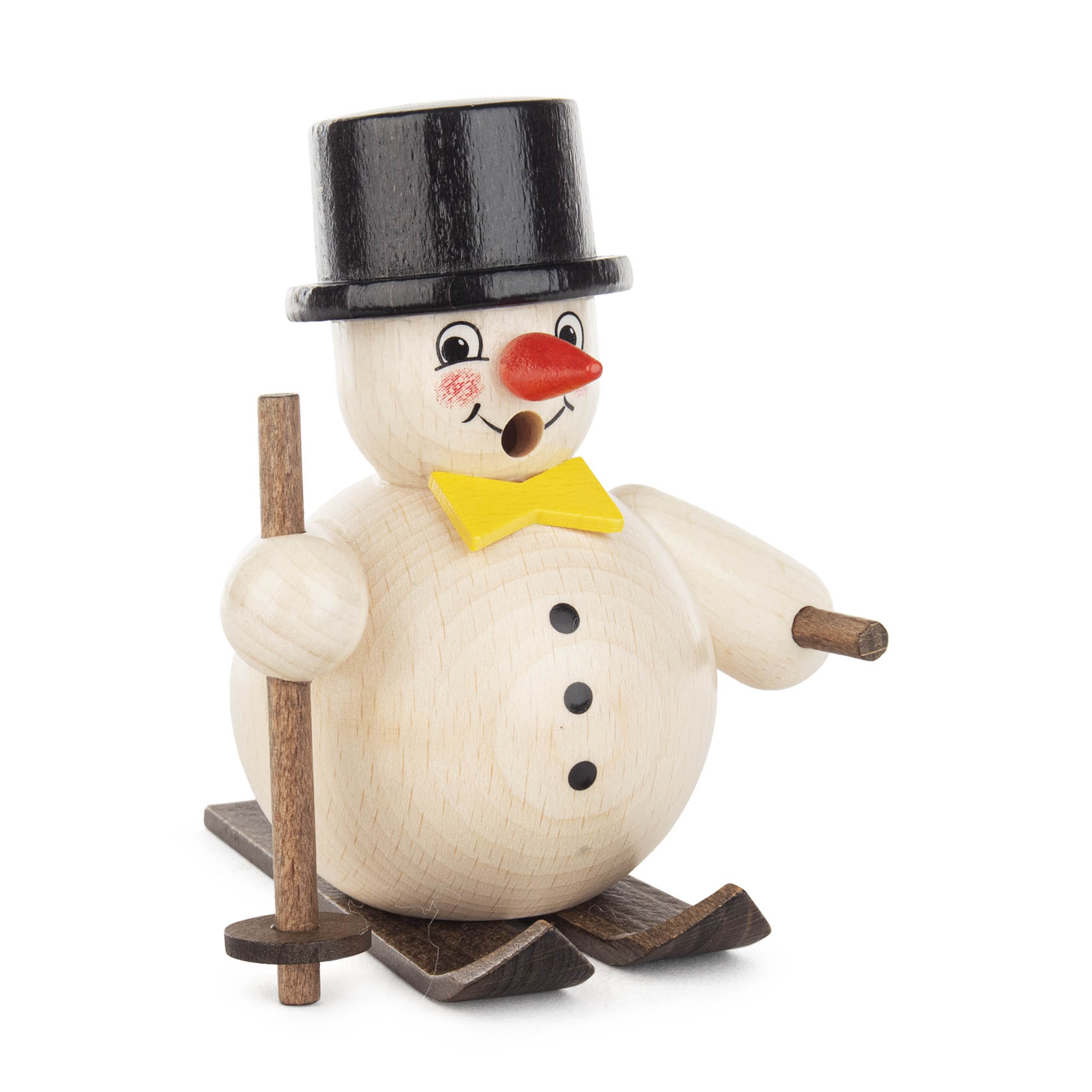 Ein hölzerner Räuchermann in Form eines Schneemanns mit Zylinder und gelber Fliege, hält Ski-Stöcke und steht auf Skiern. im Dregeno Online Shop günstig kaufen