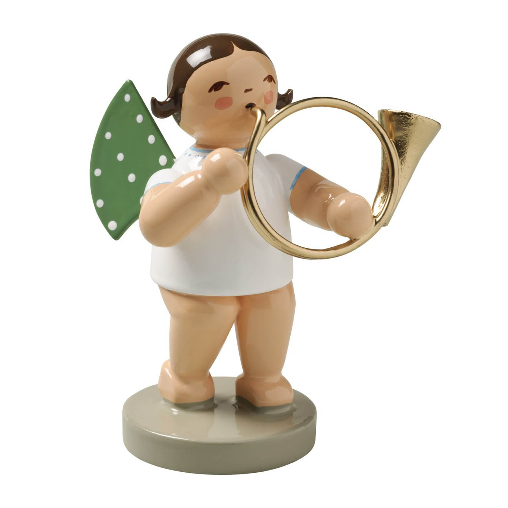 Holzengel mit grünen Flügeln mit weißen Punkten, spielt ein goldenes Basshorn. im Dregeno Online Shop günstig kaufen