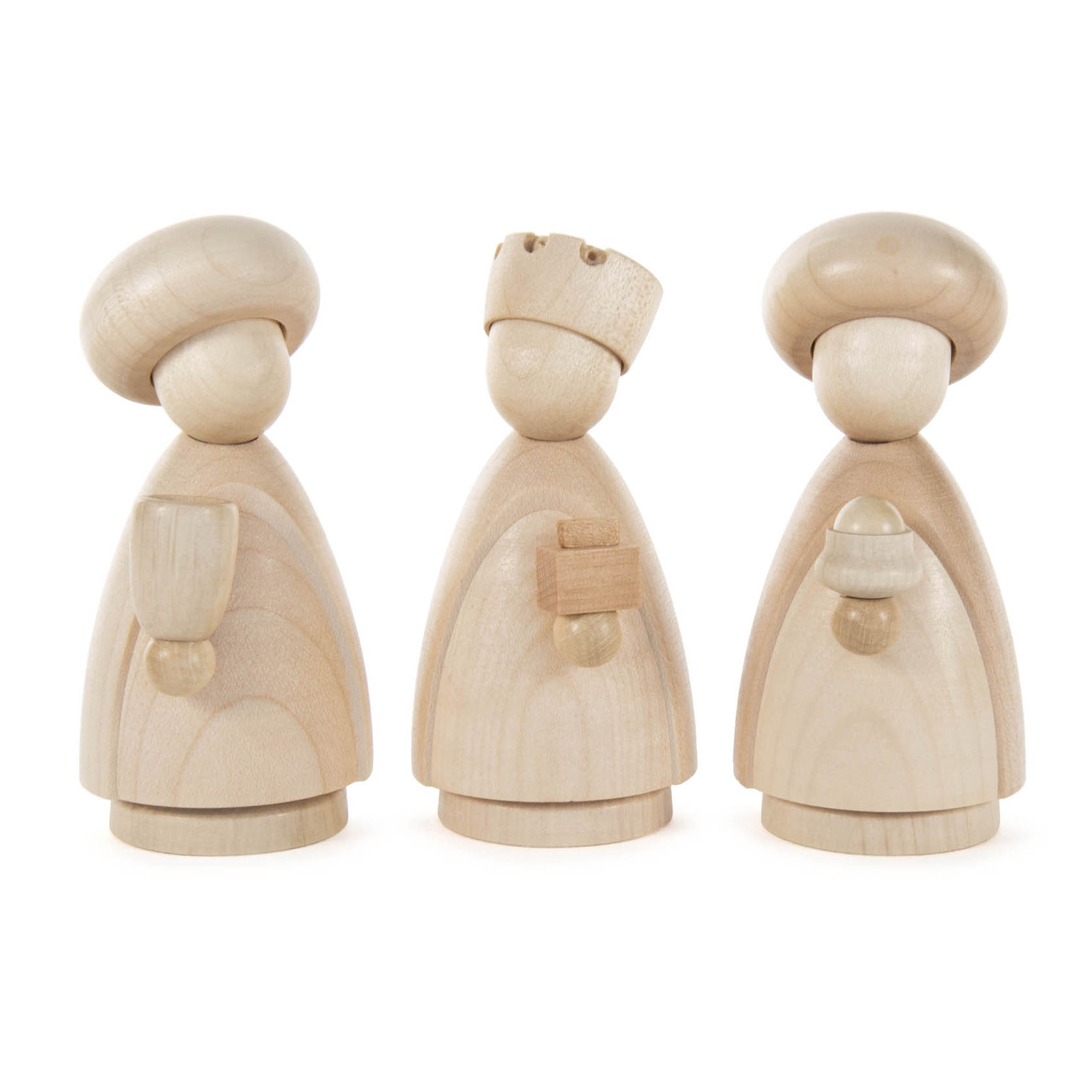 Drei schlichte, moderne Holzfiguren der Heiligen drei Könige in Naturholz. Jeder König hält ein Geschenk in der Hand. im Dregeno Online Shop günstig kaufen