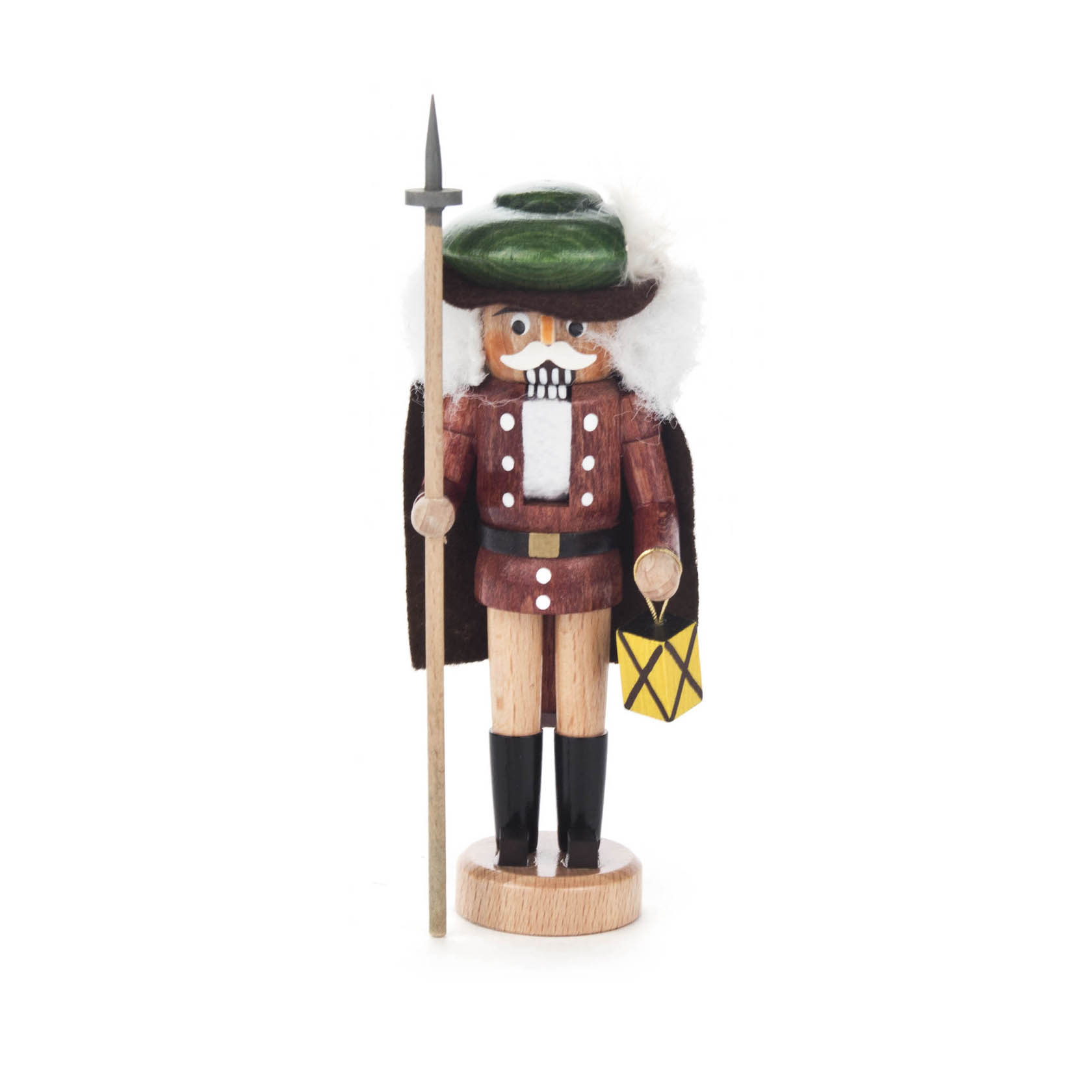 Ein Nussknacker in Form eines Nachtwächters, 15 cm groß, mit braunem Mantel, grünem Hut und Laterne in der Hand. Er trägt einen weißen Bart und hält eine Hellebarde. im Dregeno Online Shop günstig kaufen
