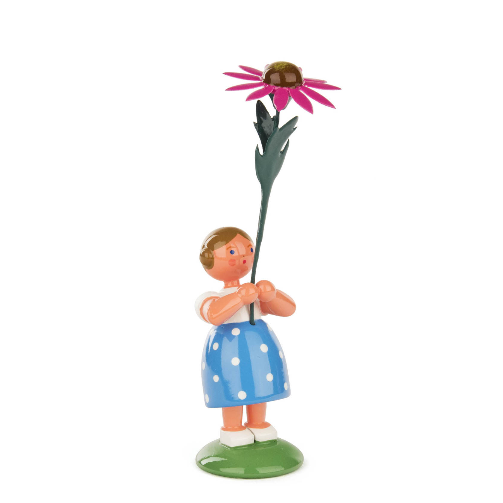 Figur eines Mädchens in blauem Kleid mit weißen Punkten, hält große pinke Blume und trägt roten Hut. im Dregeno Online Shop günstig kaufen