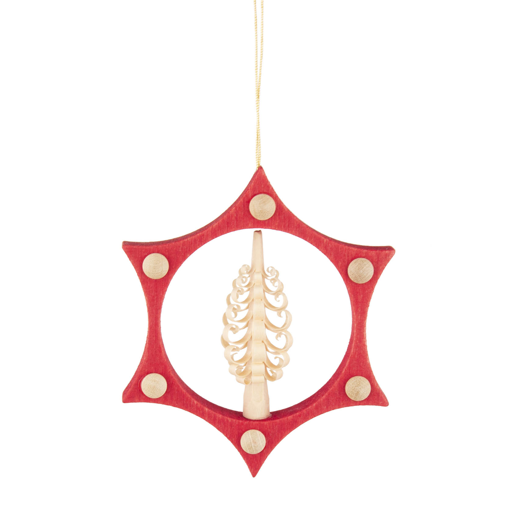 A decorative wooden ornament featuring a carved tree in the center, surrounded by a red star-shaped frame with circular accents. im Dregeno Online Shop günstig kaufen