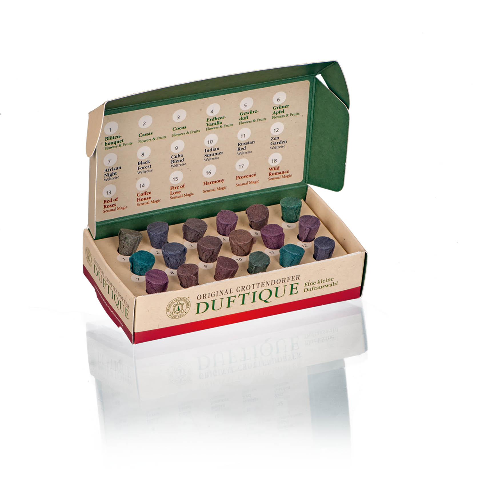 Offene Schachtel mit 18 farbigen Crottendorfer Räucherkerzen der Duftkollektionen 'Duftique' Sensual Magic, Weltreise Flowers & Fruits. im Dregeno Online Shop günstig kaufen