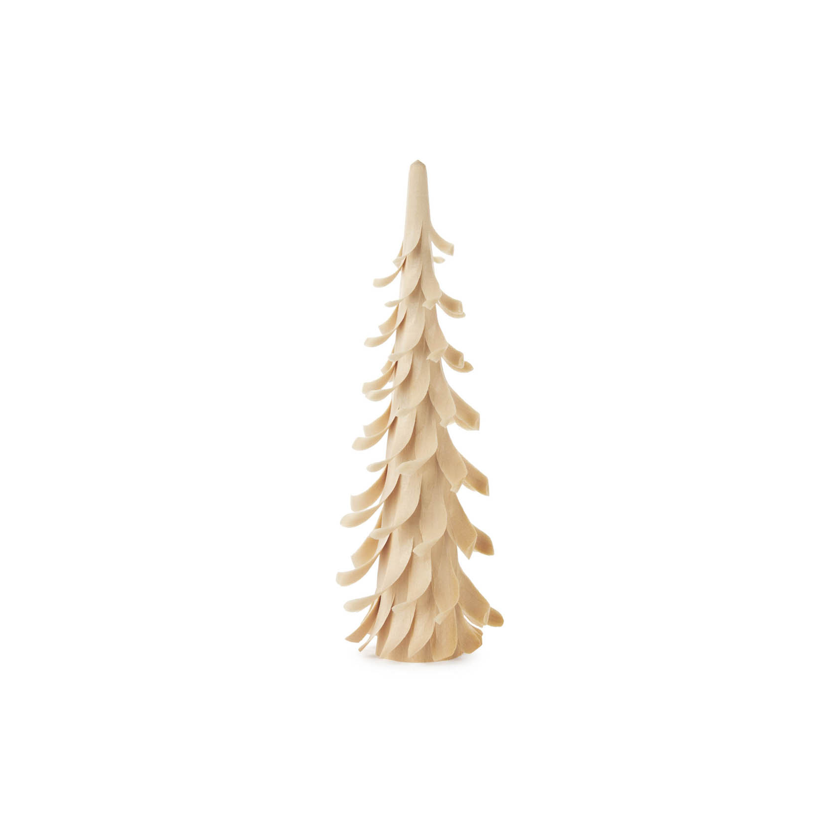 Ein kleiner, 15 cm hoher Weihnachtsbaum aus Holz mit spiralförmigen angeordneten Ästen. im Dregeno Online Shop günstig kaufen