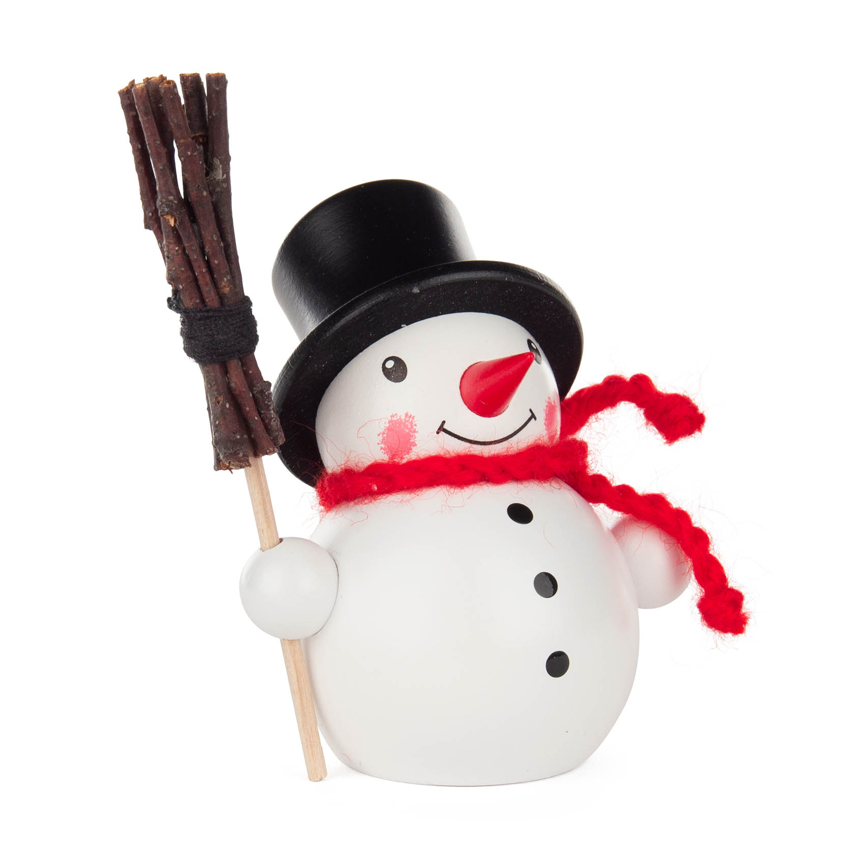 Ein lächelnder, bunter Schneemann mit rotem Hut, oranger Nase, Schal und einem Reisigbesen in der Hand. Bestückung für Vario-Leuchter. im Dregeno Online Shop günstig kaufen