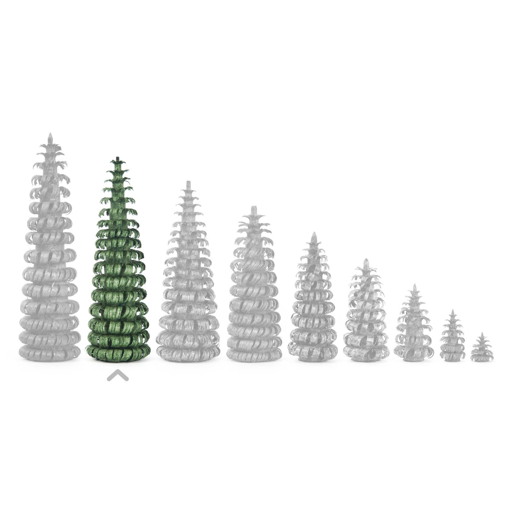 Ein Reihenbild von neun Ringelbäumen in unterschiedlichen Größen von links nach rechts, der zweite Baum von links ist 8 cm und grün, die anderen sind grau.