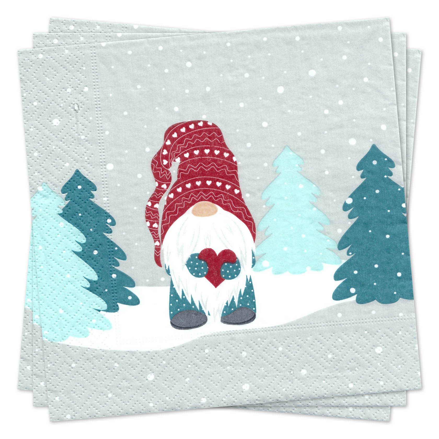 Illustration eines Wichtels mit rotem Hut und weißem Bart, der ein Herz hält, umgeben von Schneeflocken und Tannenbäumen auf einer Serviette. im Dregeno Online Shop günstig kaufen