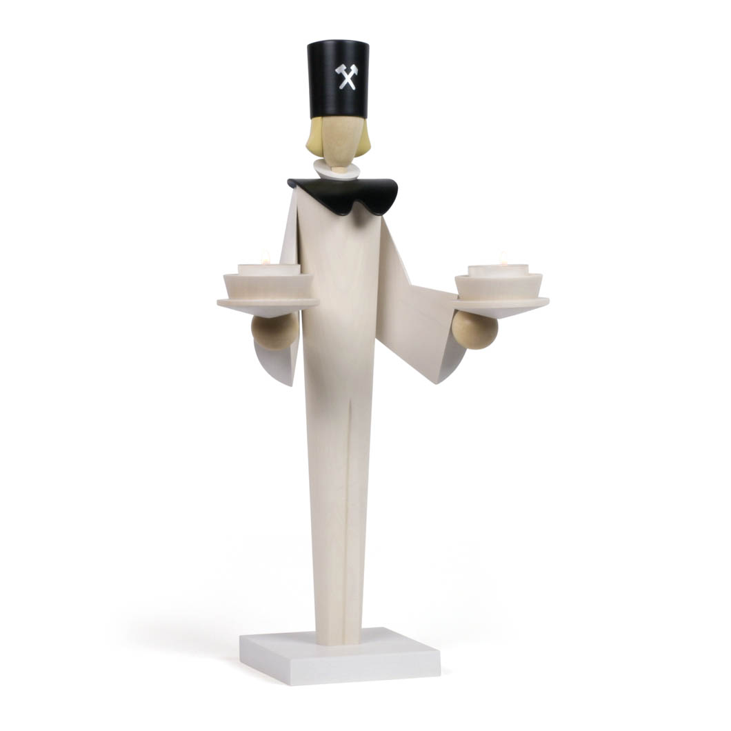 Modern white wooden miner figure holding two tea light holders, featuring a black bow tie and a black hat with crossed pickaxes. im Dregeno Online Shop günstig kaufen