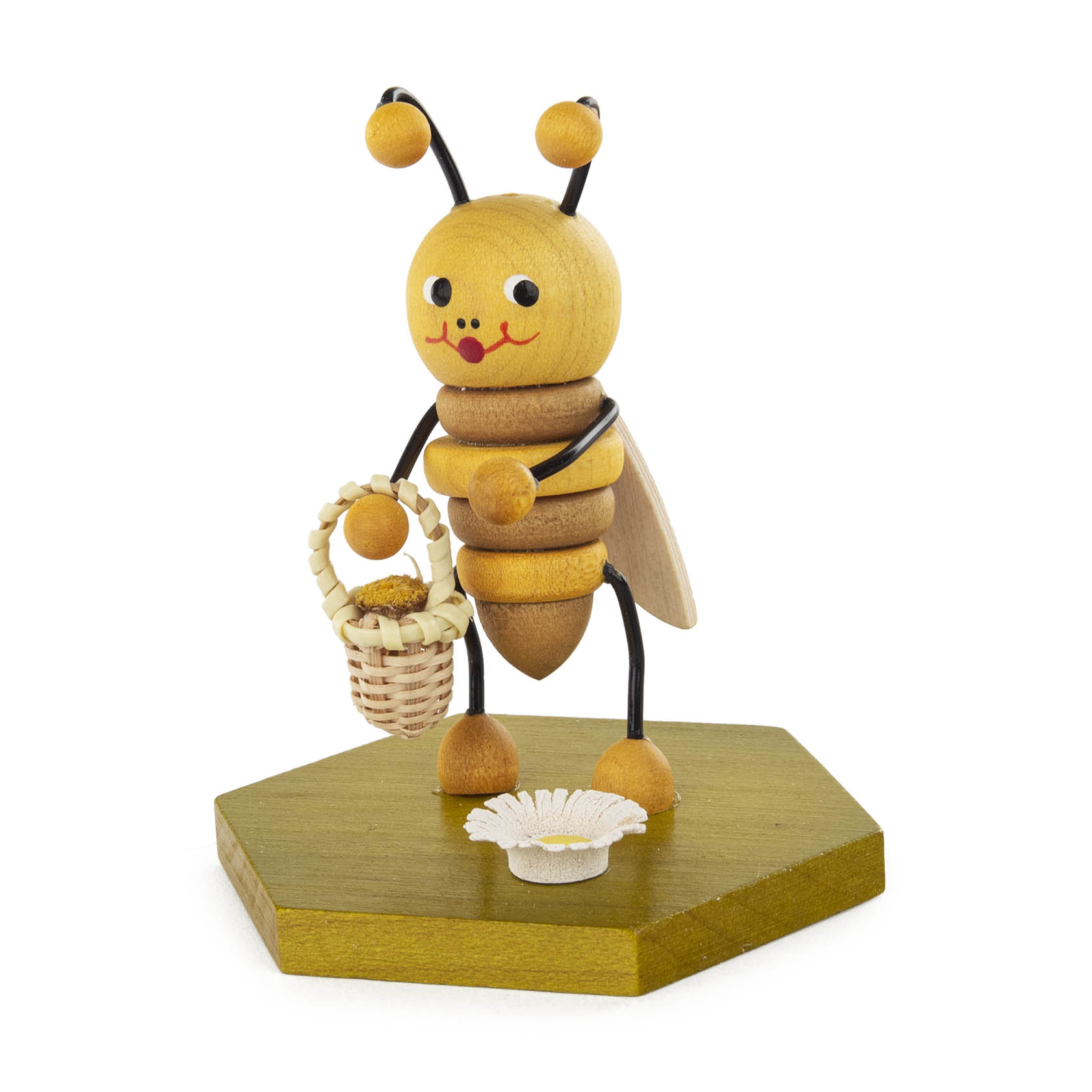 Holzfigur einer Biene mit gelbem Körper und braunen Streifen, die auf einem Sechseck steht und einen Blumenkorb in der Hand hält. im Dregeno Online Shop günstig kaufen