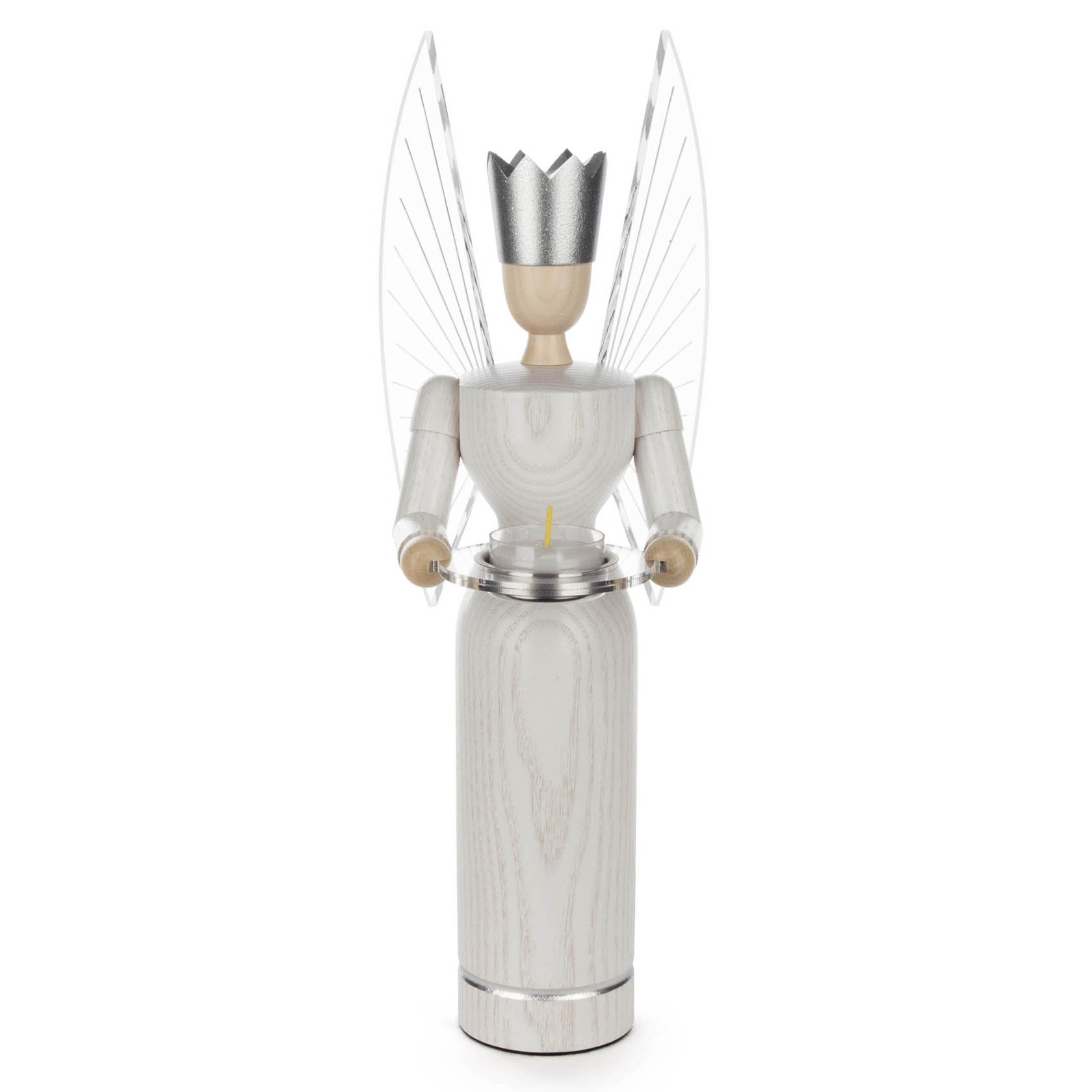 Eine weiße Engelsfigur mit einer Krone, beleuchteten Flügeln und einem langen Kleid, die eine kleine Kerze in den Händen hält. im Dregeno Online Shop günstig kaufen