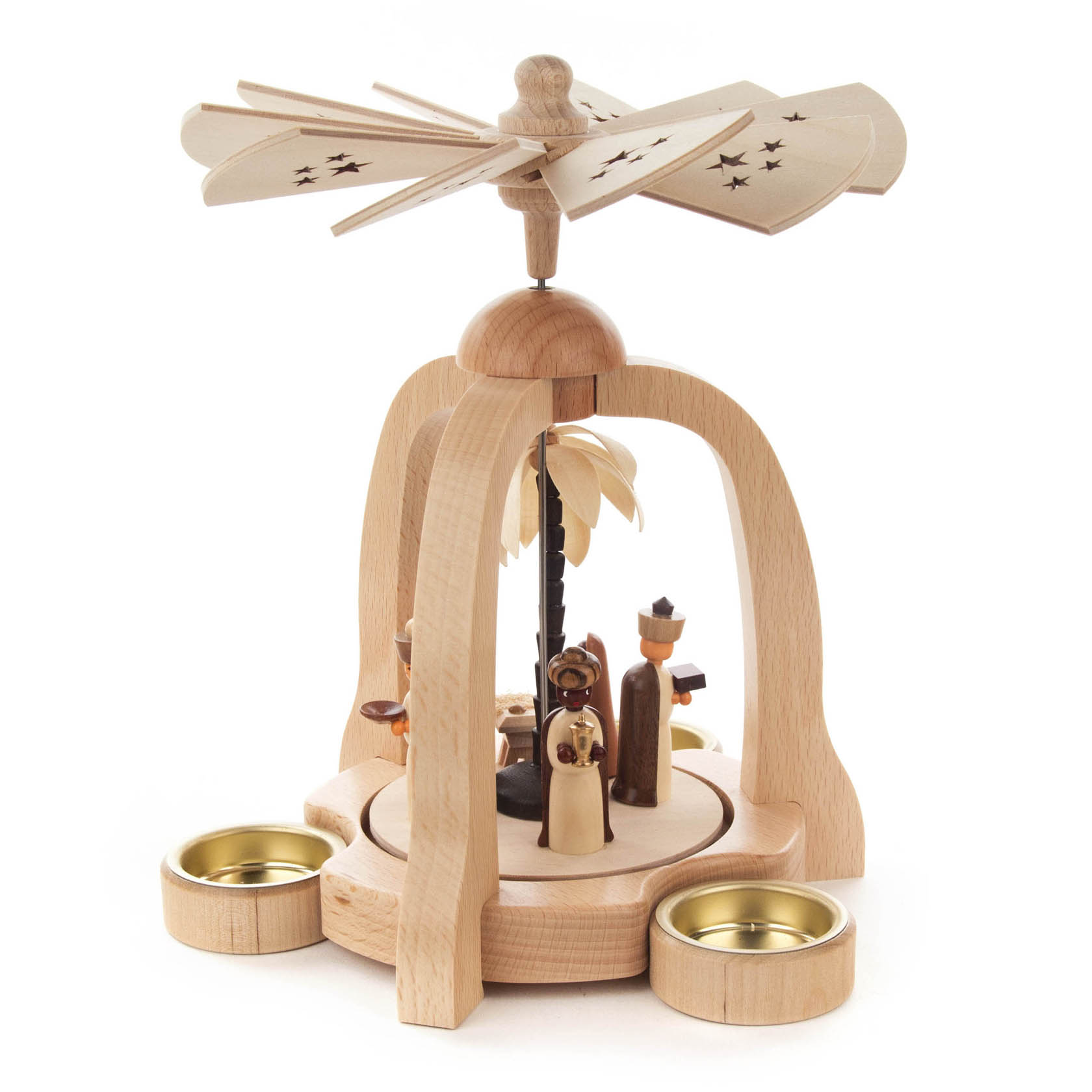 Holzpyramide mit Figuren der Weihnachtsgeschichte, oben rotierende Flügel und Sockel für Teelichter.