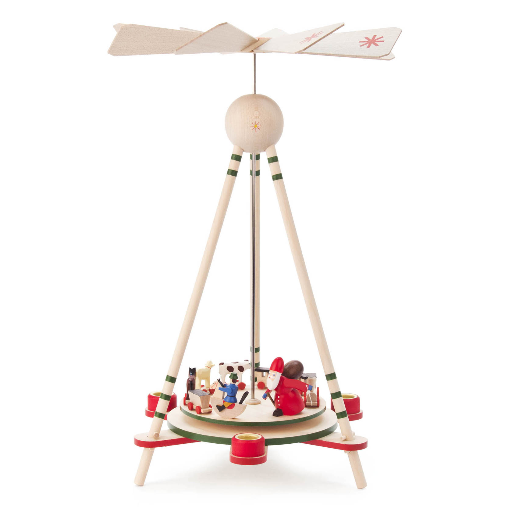 Stabpyramide mit drehbaren Flügeln und einem Weihnachtsmann, der von Spielzeug umgeben ist. Die Pyramide hat einen Platz für eine Kerze. im Dregeno Online Shop günstig kaufen