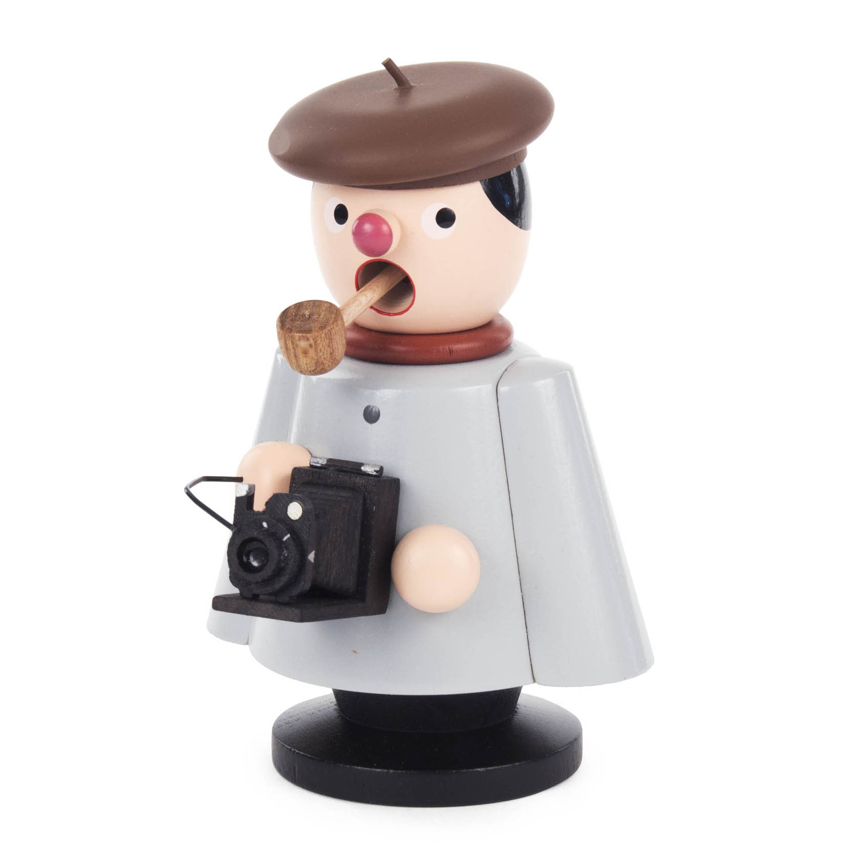 A wooden incense smoker figure resembling a photographer, wearing a beret, holding a pipe in its mouth and a camera in its hands. im Dregeno Online Shop günstig kaufen