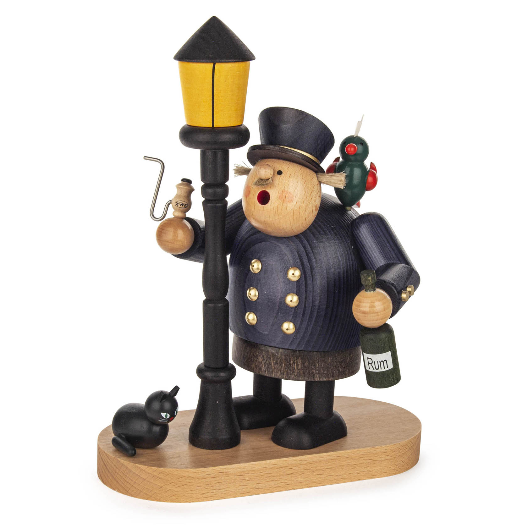 Holzfigur eines betrunkenen Kapitäns mit Pfeife und Rumflasche, der sich an einer Laterne lehnt, mit einem Vogel auf der Schulter. im Dregeno Online Shop günstig kaufen